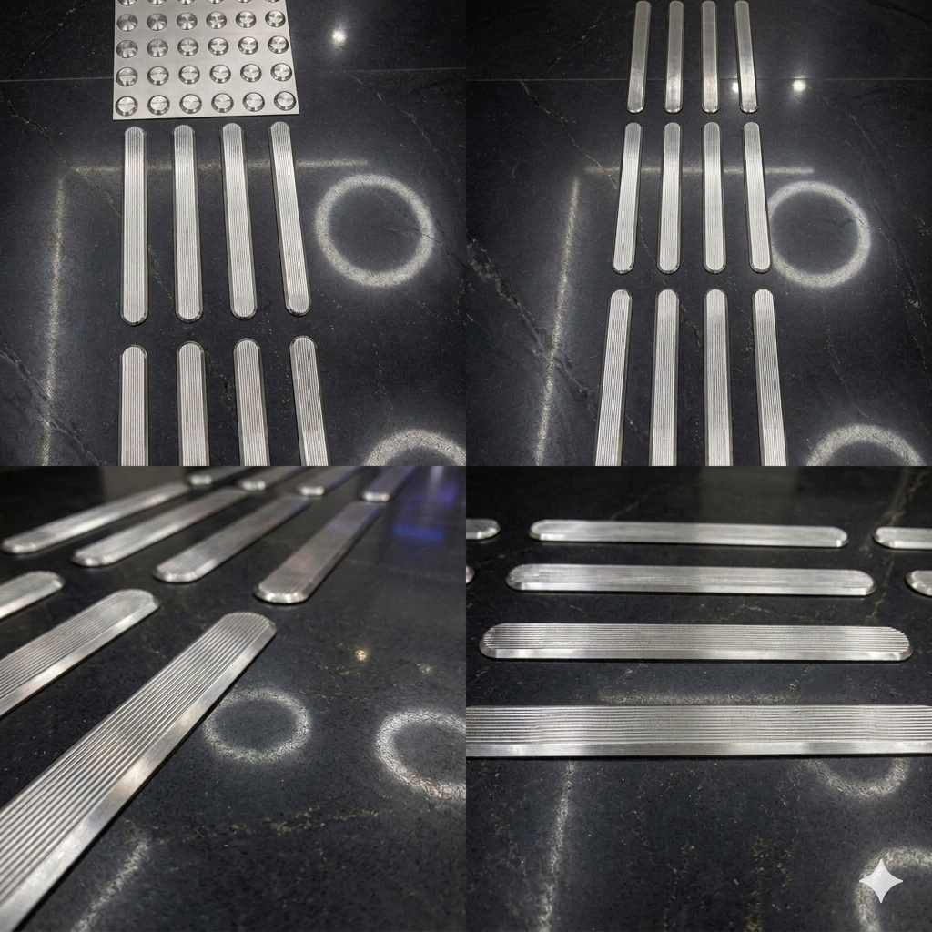 SS304 Stainless Steel Directional Tactile Strip with 3M Self-Adhesive | Linear Pattern Machine Finish Blind Guidance Indicator