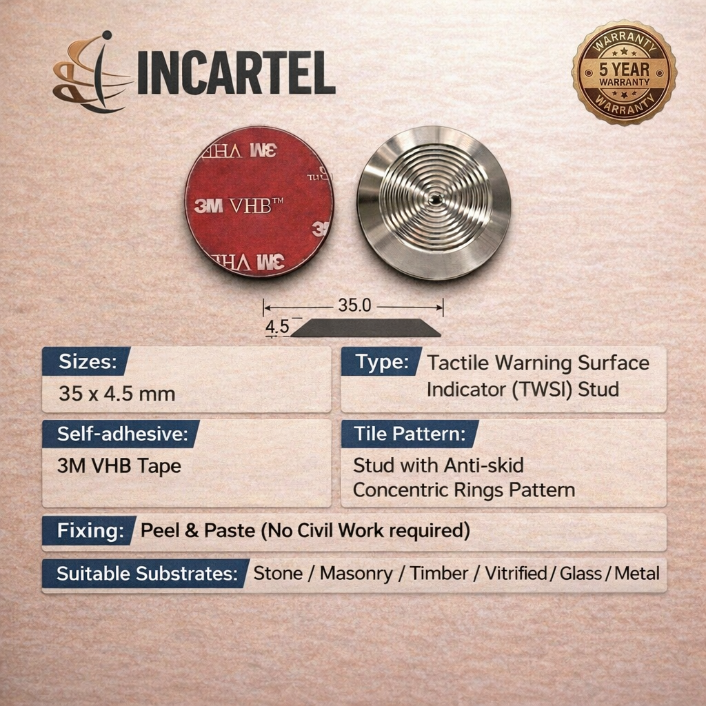 Tactile Warning Surface Indicator Stud with self-adhesive 3M VHB tape - SS304 (pack of 10 pcs)