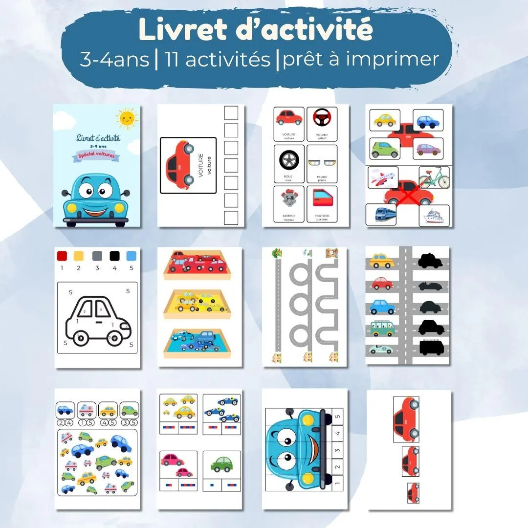 Activité imprimable enfant pour 3-4 ans, pack de 11 pages d'activité thème voiture inspiré montessori