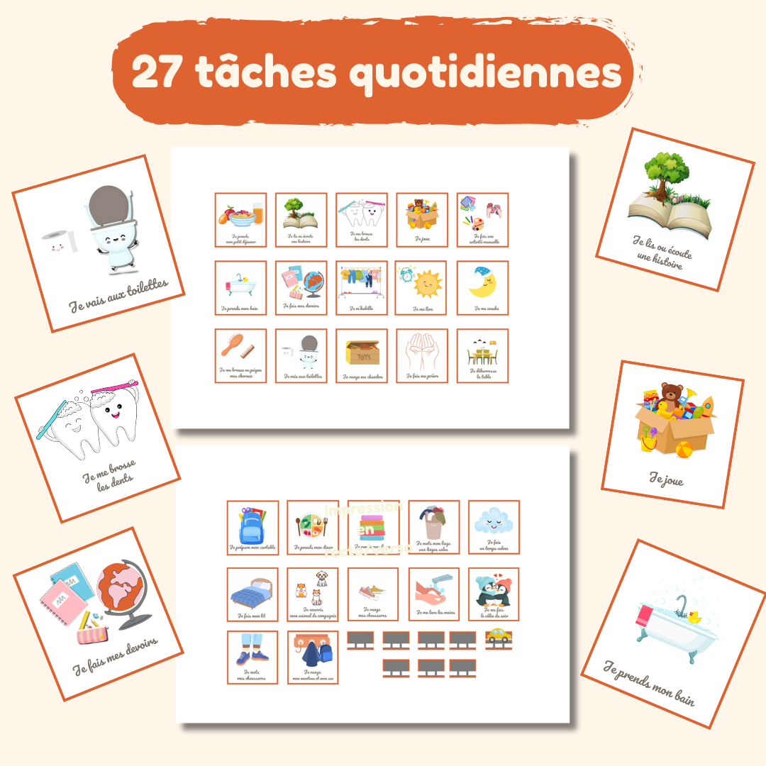 Tableau de routine enfant des tâches quotidiennes matin et soir avec cartes à imprimer Autonomie et organisation ludique en PDF