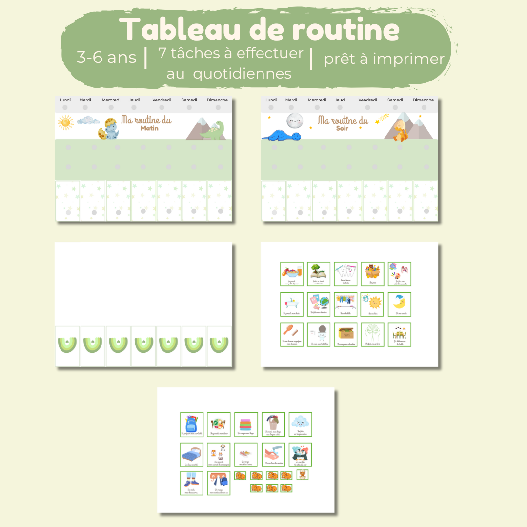 Tableau de routine enfant des tâches quotidiennes matin et soir avec cartes à imprimer Autonomie et organisation ludique