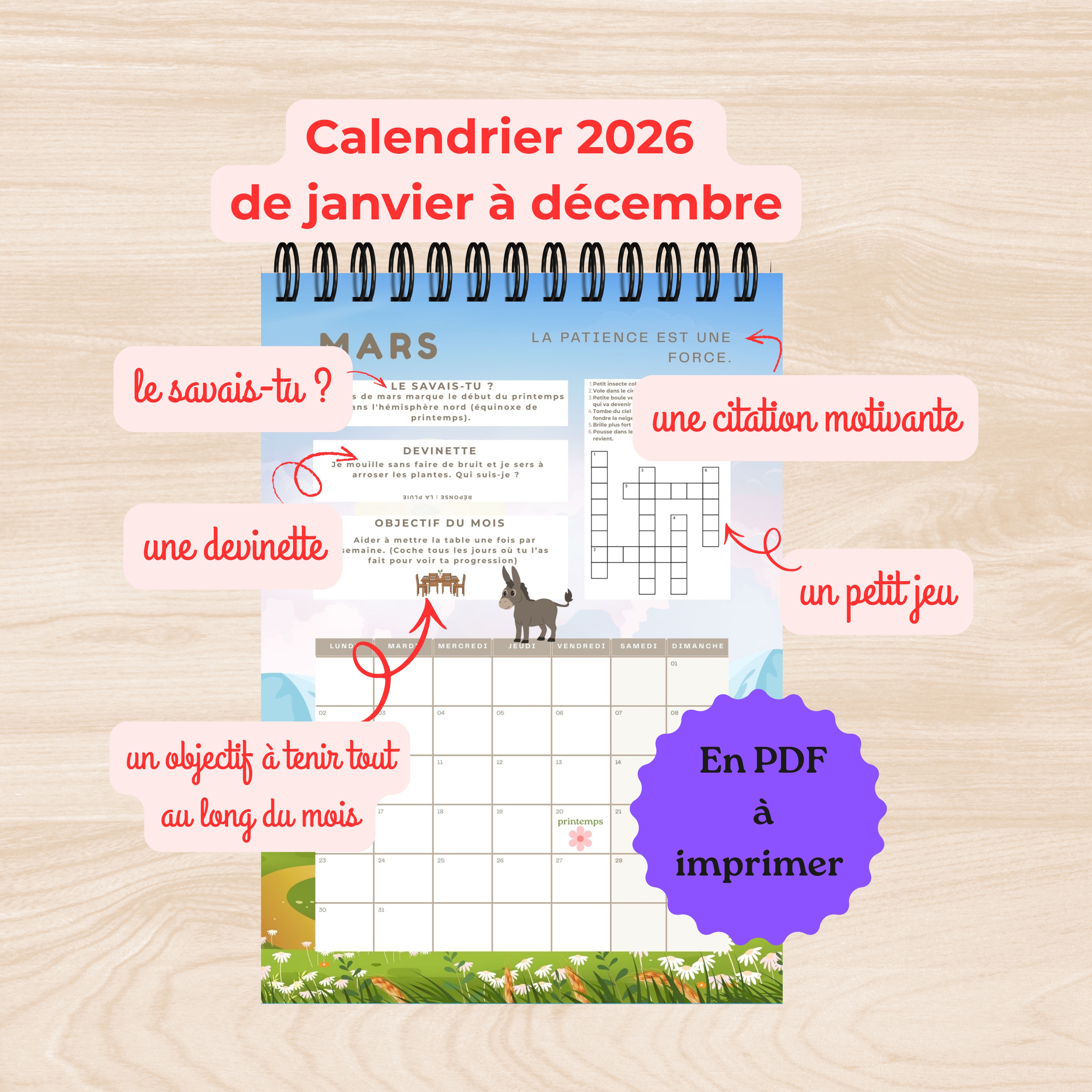 Calendrier mural enfant 6-8 ans ludique et motivant avec objectif  cadeau éducatif et fun organisation scolaire et à la maison