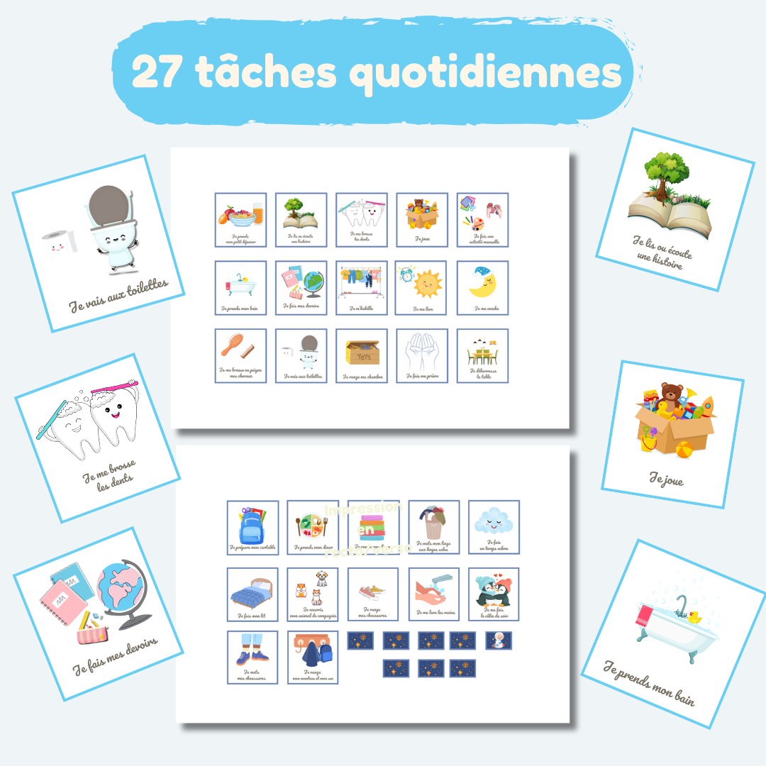 Tableau de routine enfant des tâches quotidiennes matin et soir avec cartes à imprimer Autonomie et organisation ludique