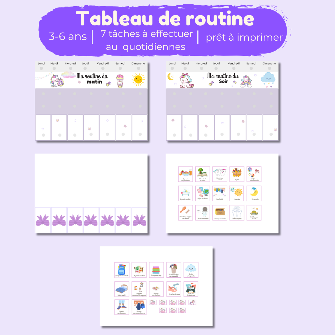 Tableau de routine enfant des tâches quotidiennes matin et soir avec cartes à imprimer Autonomie et organisation ludique