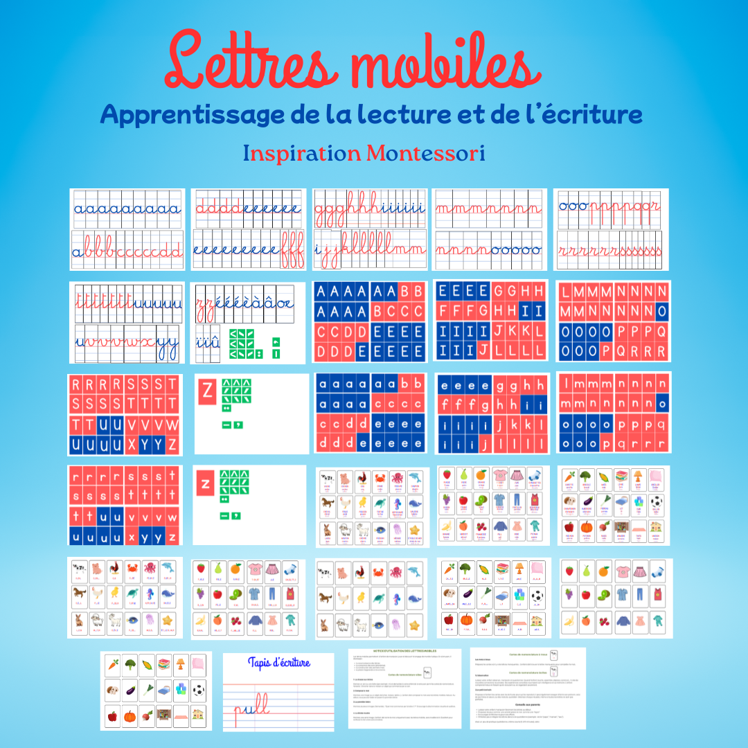 Lettre de l'alphabet mobile minuscule et majuscule inspiré Montessori avec cartes de nomenclature et tapis d'écriture à imprimer 4 ans
