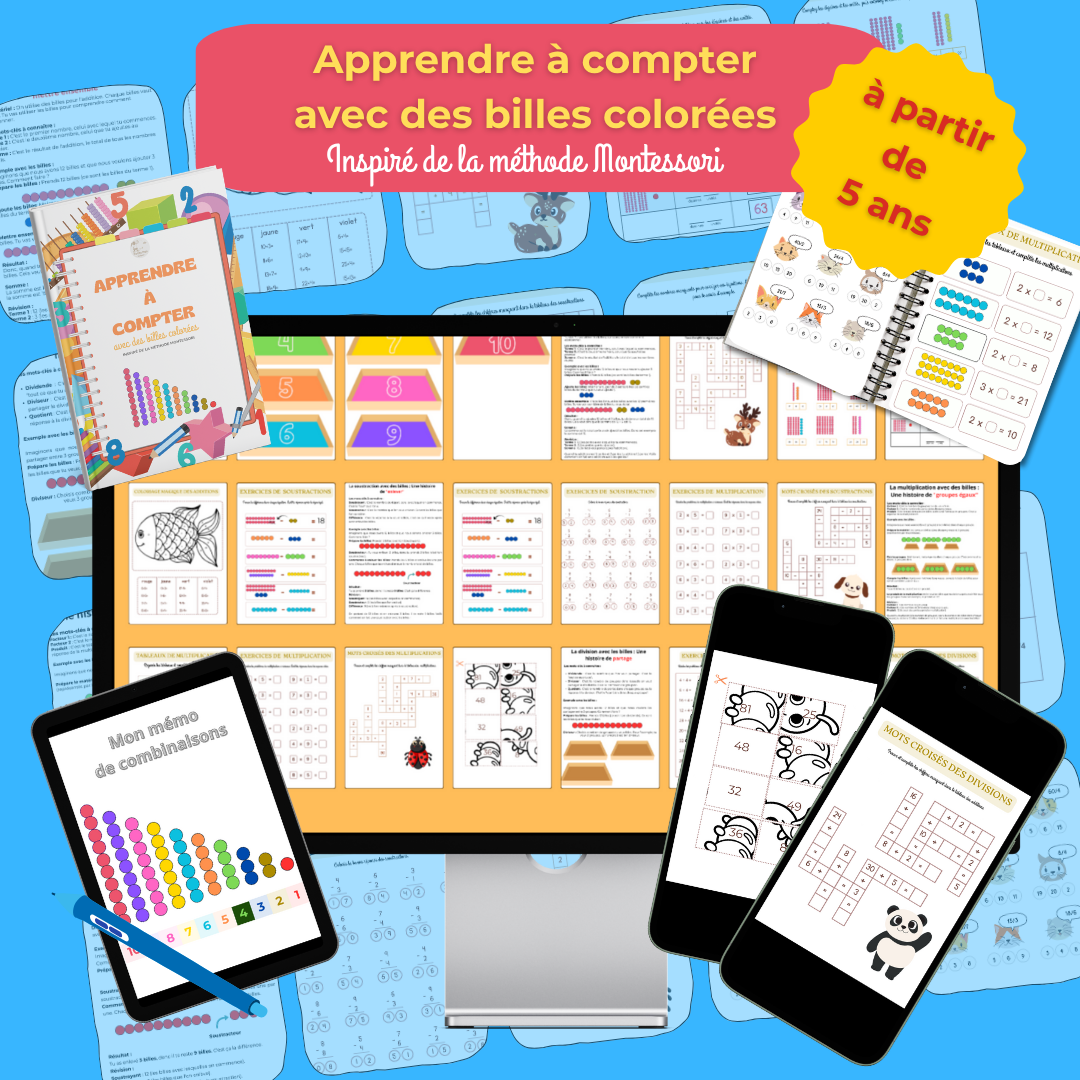 Livret d'activité de mathématique inspiré Montessori en PDF imprimable addition, soustraction, multiplication, division à partir de 5 ans