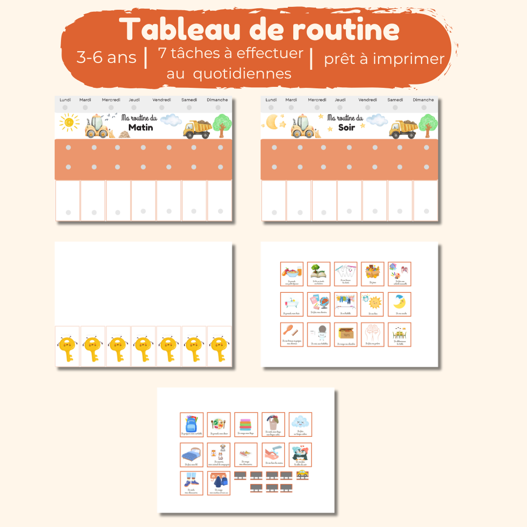 Tableau de routine enfant des tâches quotidiennes matin et soir avec cartes à imprimer Autonomie et organisation ludique en PDF