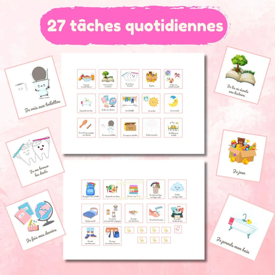 Tableau de routine enfant des tâches quotidiennes matin et soir avec cartes à imprimer Autonomie et organisation ludique