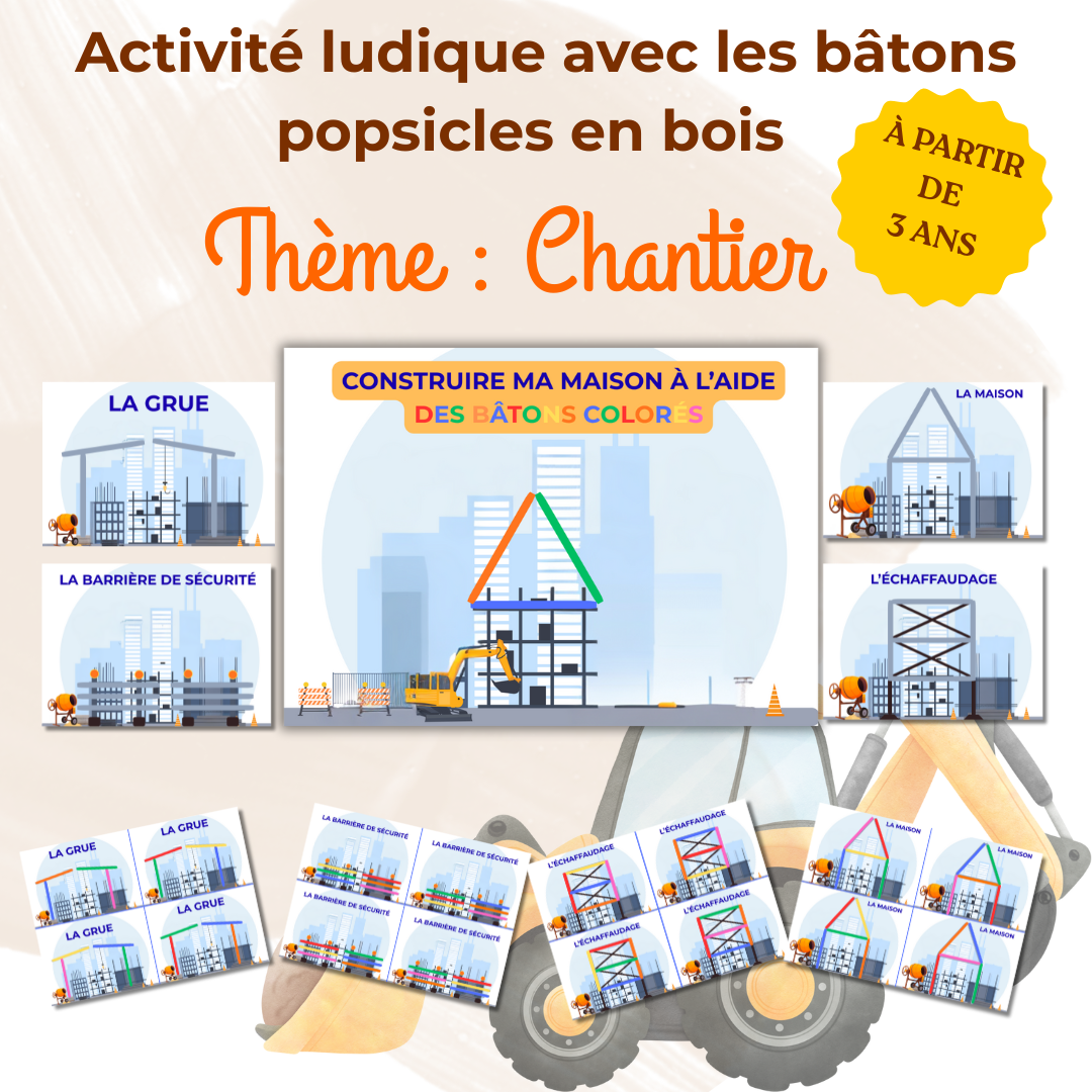 Activité chantier jeu de tri et apprentissage des couleurs avec des bâtons en bois popsicle pour enfant 2-5ans Montessori imprimable