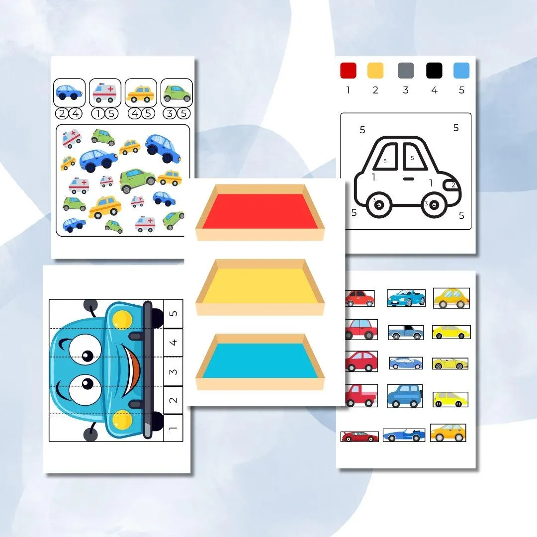 Activité imprimable enfant pour 3-4 ans, pack de 11 pages d'activité thème voiture inspiré montessori