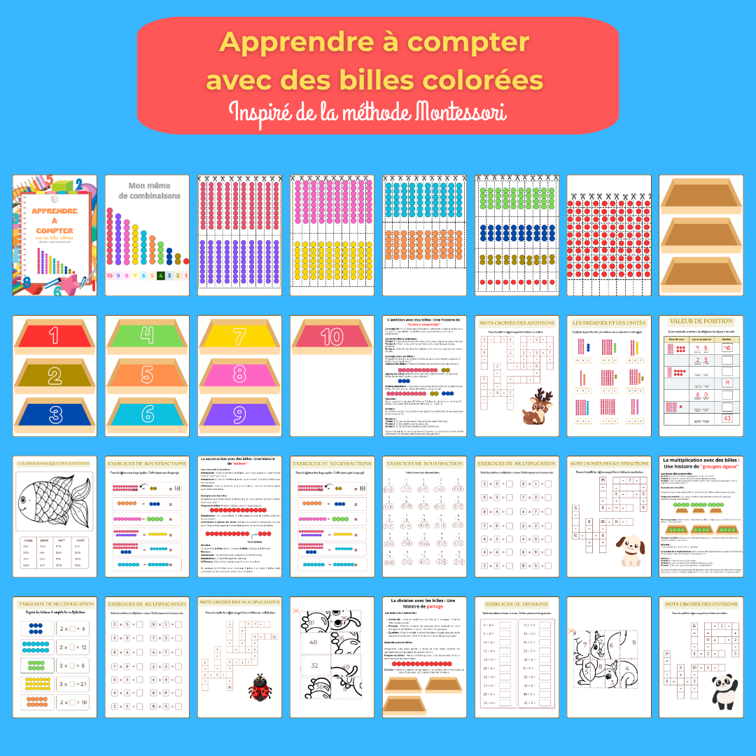 Livret d'activité de mathématique inspiré Montessori en PDF imprimable addition, soustraction, multiplication, division à partir de 5 ans
