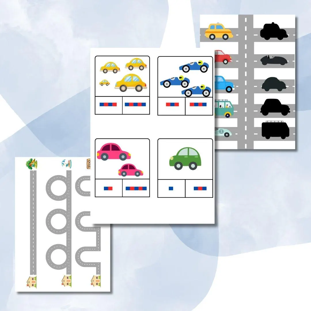 Activité imprimable enfant pour 3-4 ans, pack de 11 pages d'activité thème voiture inspiré montessori