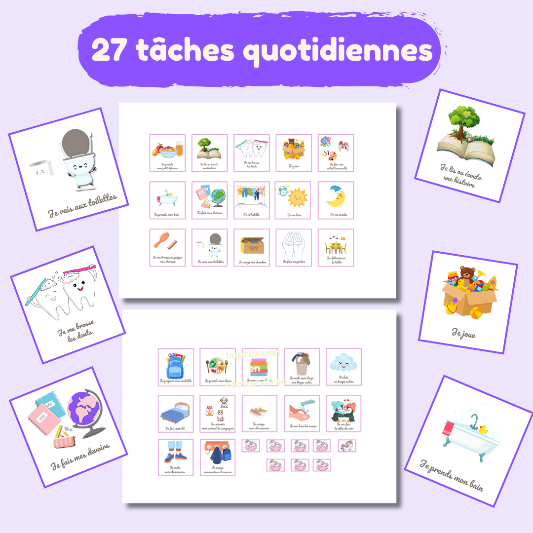 Tableau de routine enfant des tâches quotidiennes matin et soir avec cartes à imprimer Autonomie et organisation ludique