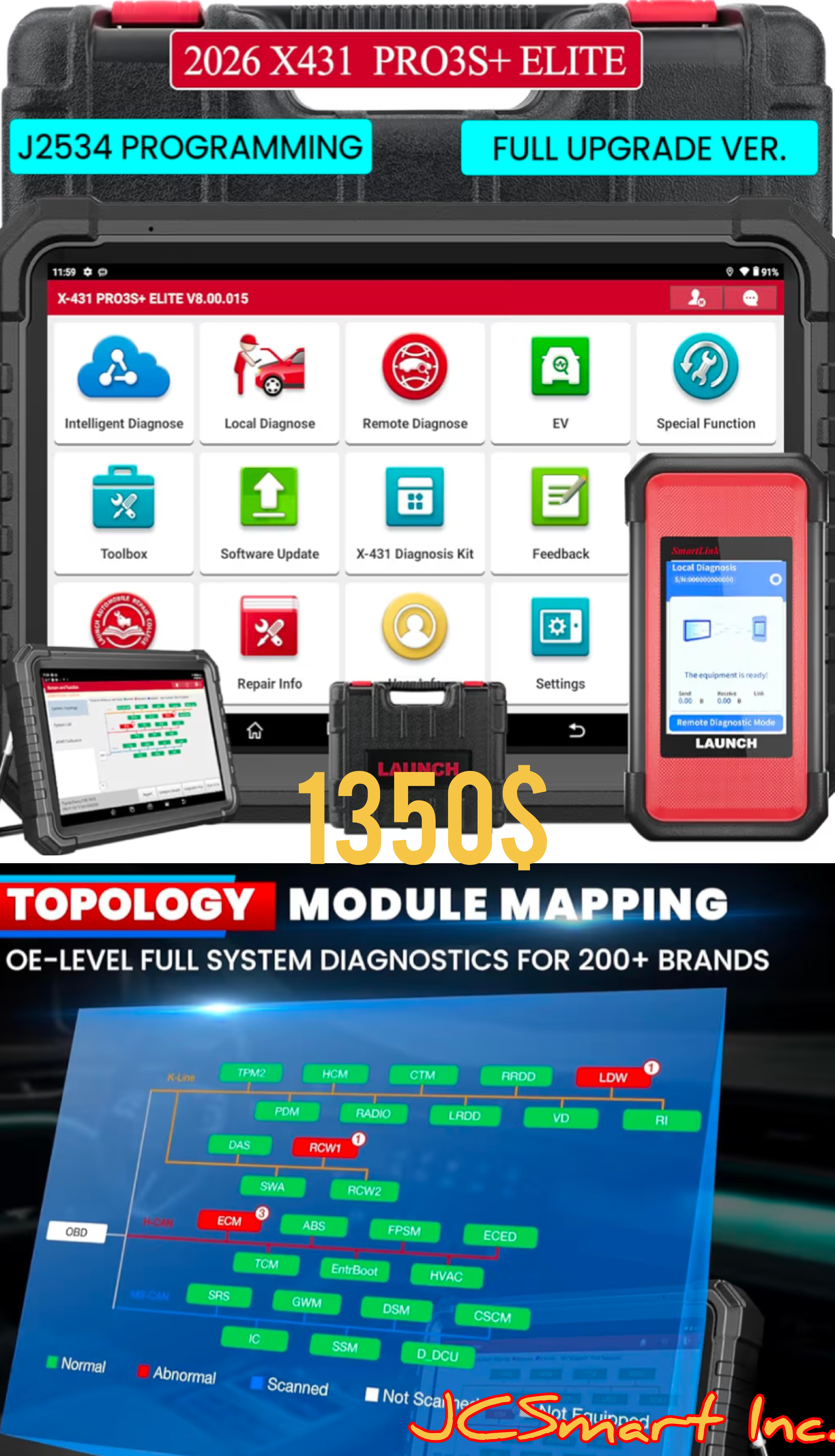 LAUNCH X431 PRO3S+ Elite 2026 Diagnostic Scanner | J2534 | Topology | 60+ Services