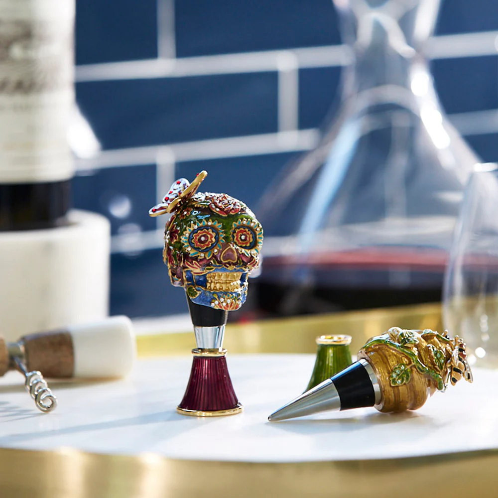 Jay Strongwater Calavera Skull Wine Stopper and Stand