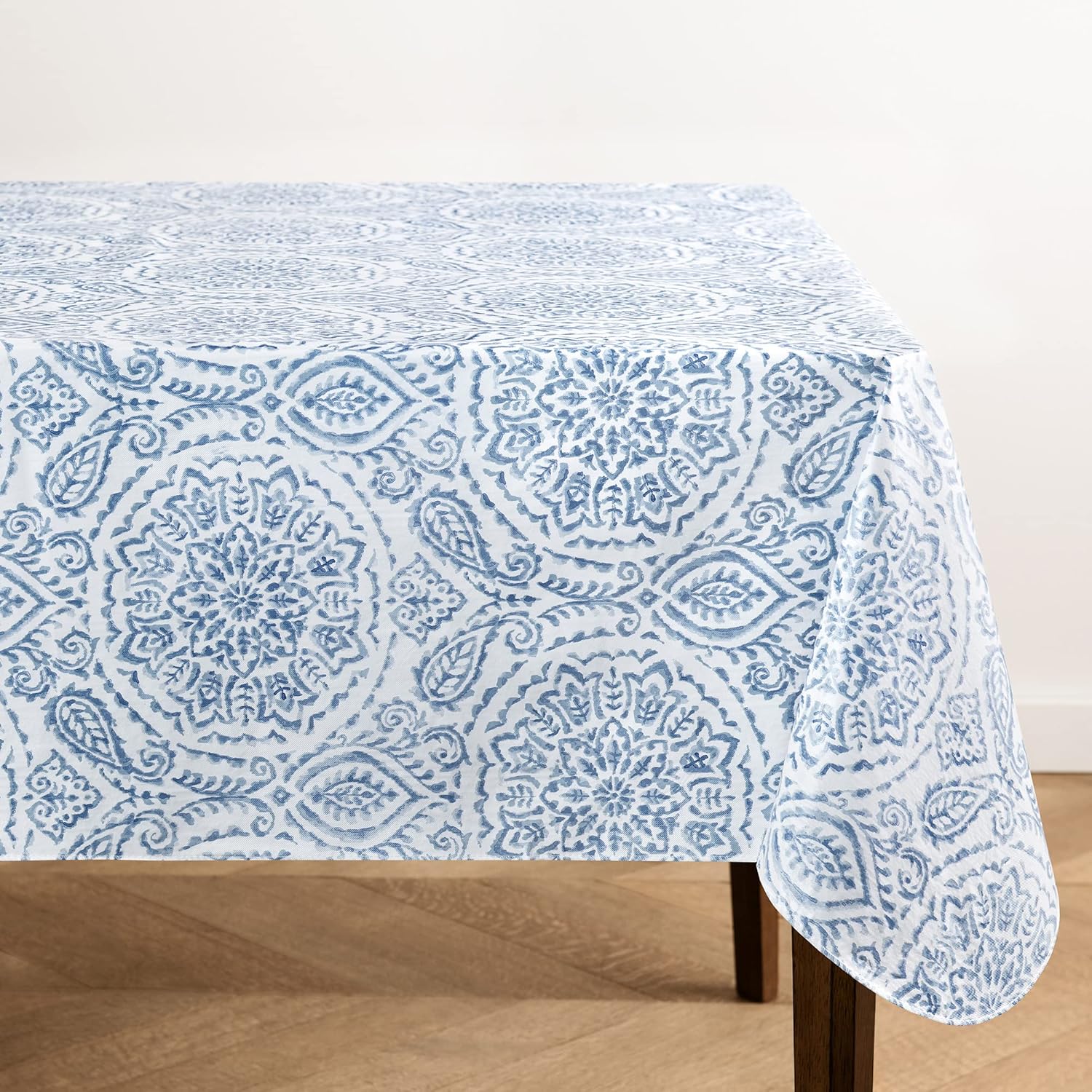 Fashions Savannah Boho Paisley Water- and Stain-Resistant Vinyl Tablecloth with Flannel Backing, 60 Inches X 84 Inches, Rectangle, Blue