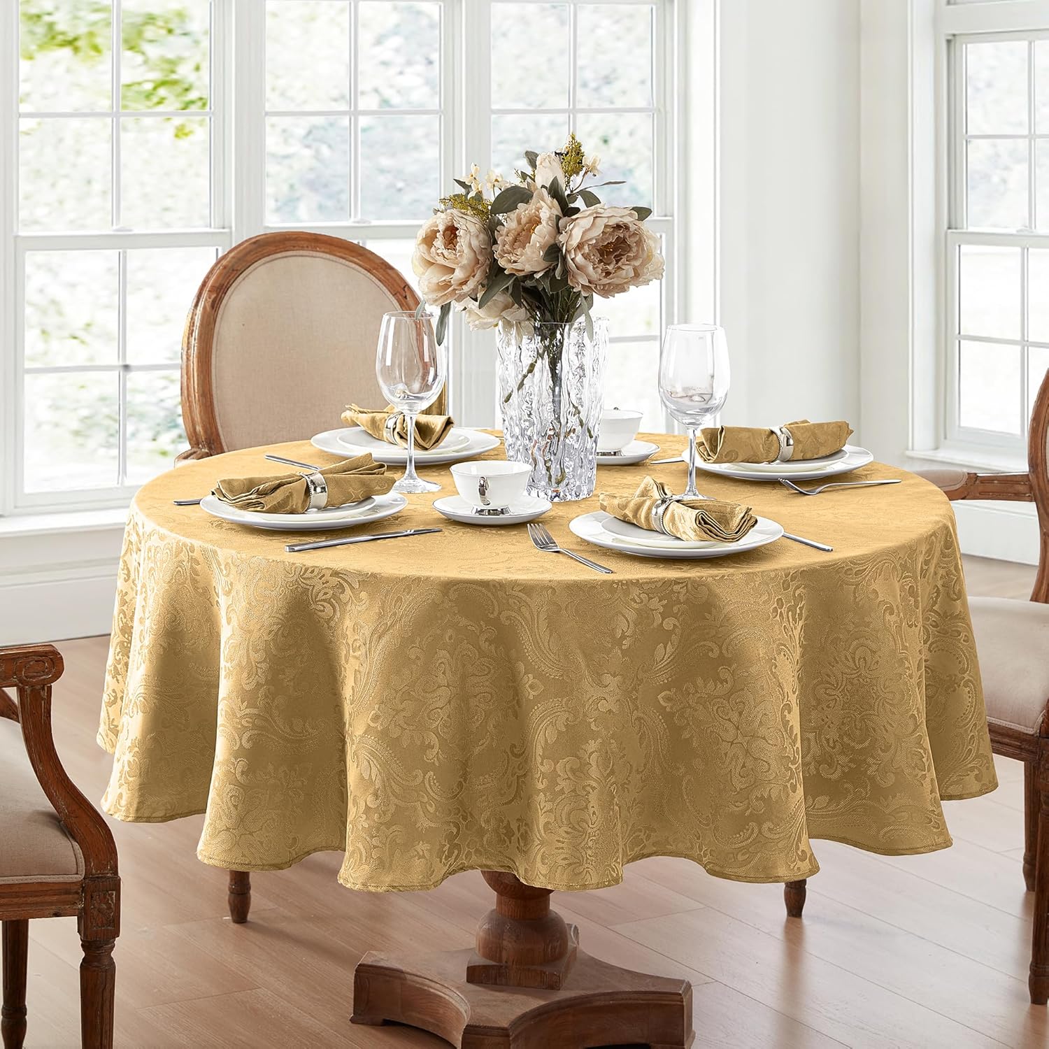 Home Fashions Caiden Elegance Damask Waterproof, Stain & Wrinkle Resistant Fabric Tablecloth, 90" Round, Gold
