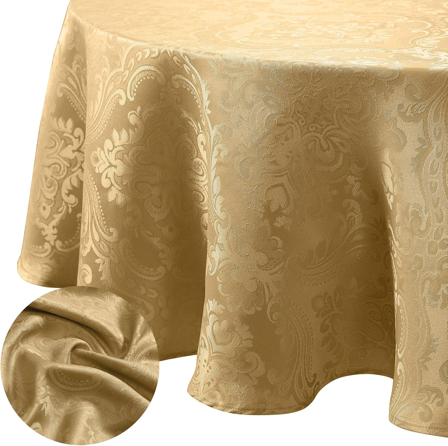 Home Fashions Caiden Elegance Damask Waterproof, Stain & Wrinkle Resistant Fabric Tablecloth, 90" Round, Gold