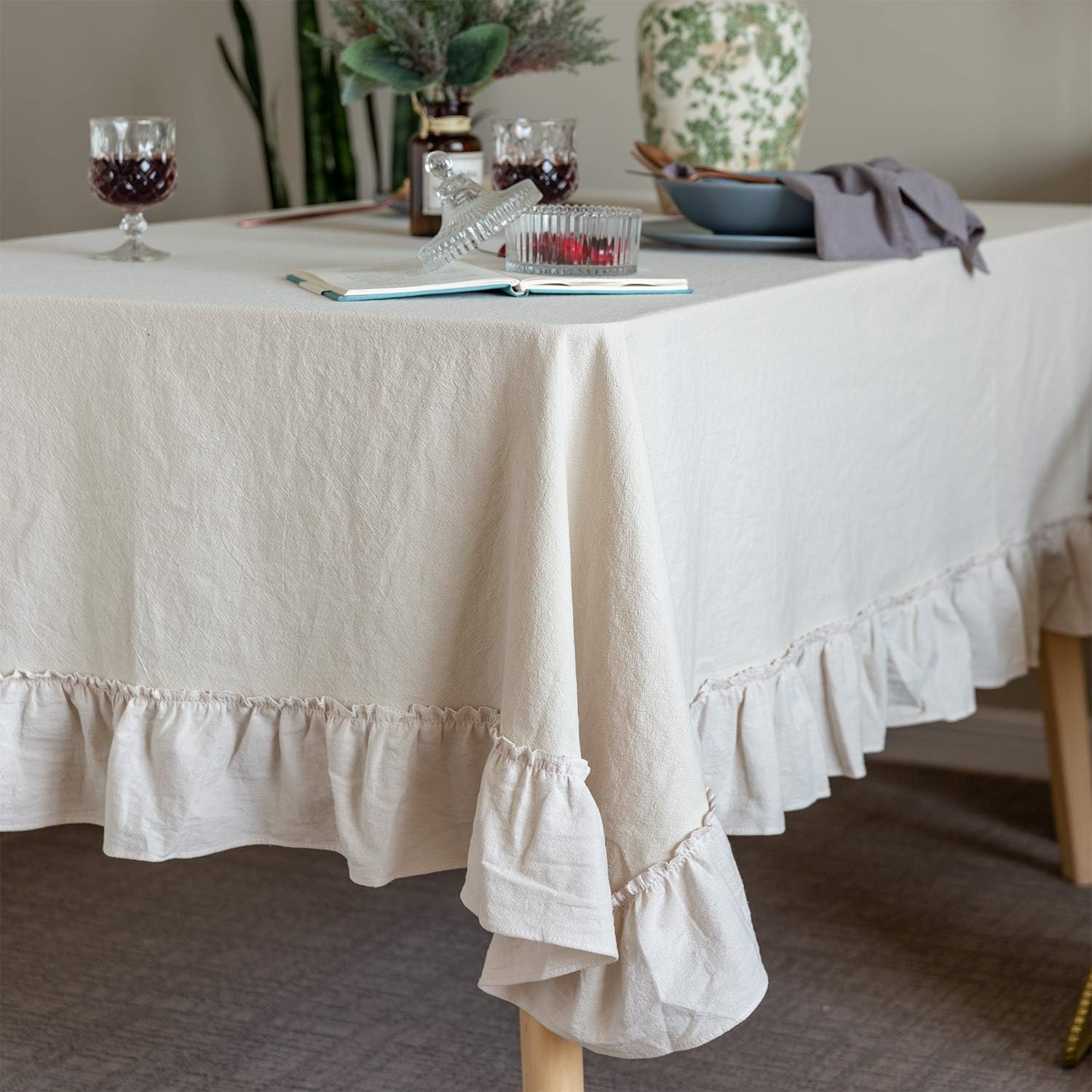 Tablecloth Cotton Flounces Trim Washable Table Cover Tablecloths for Rectangle Table Baby Shower Kitchen Party Wedding Decor Off-White, 60''x120''