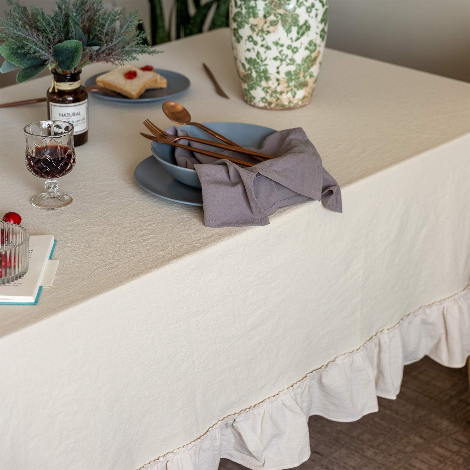Tablecloth Cotton Flounces Trim Washable Table Cover Tablecloths for Rectangle Table Baby Shower Kitchen Party Wedding Decor Off-White, 60''x120''