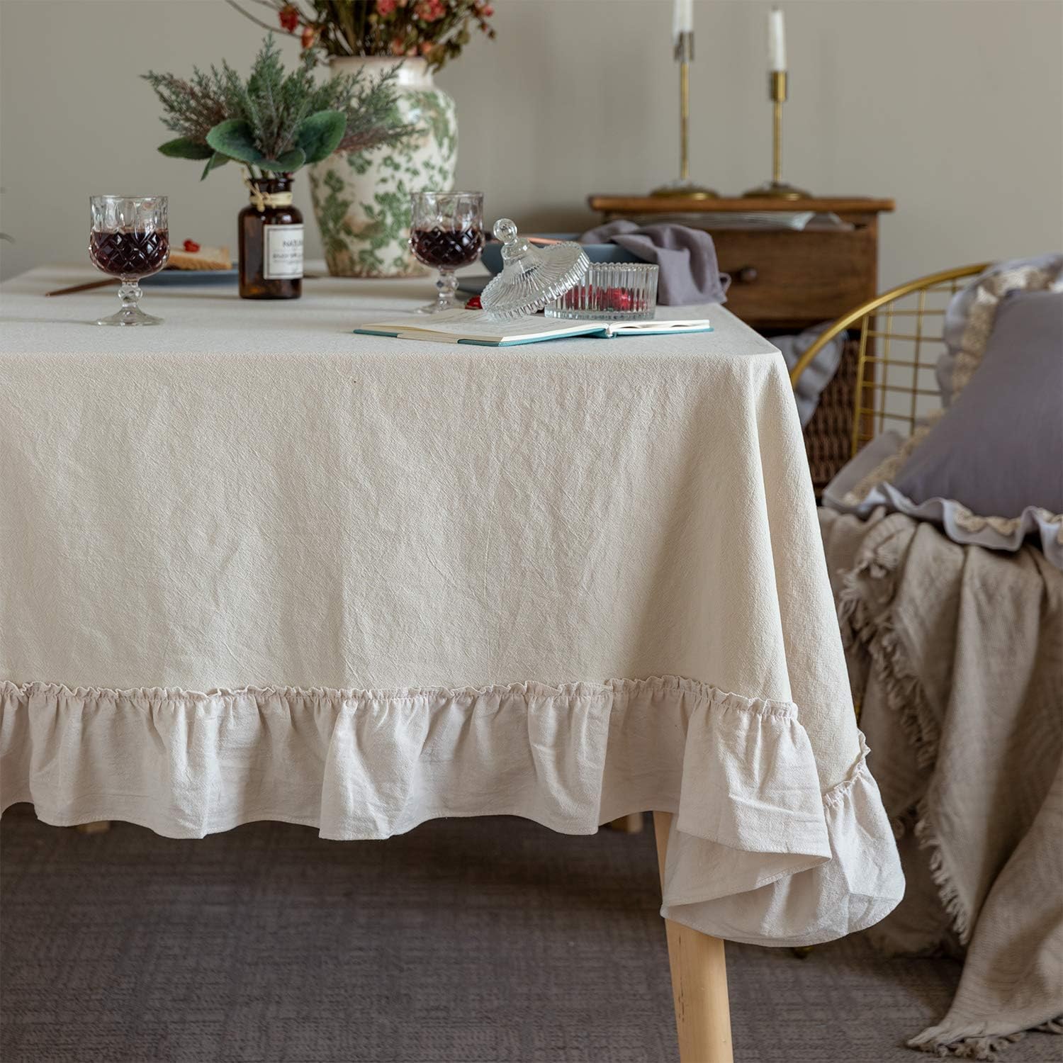 Tablecloth Cotton Flounces Trim Washable Table Cover Tablecloths for Rectangle Table Baby Shower Kitchen Party Wedding Decor Off-White, 60''x120''
