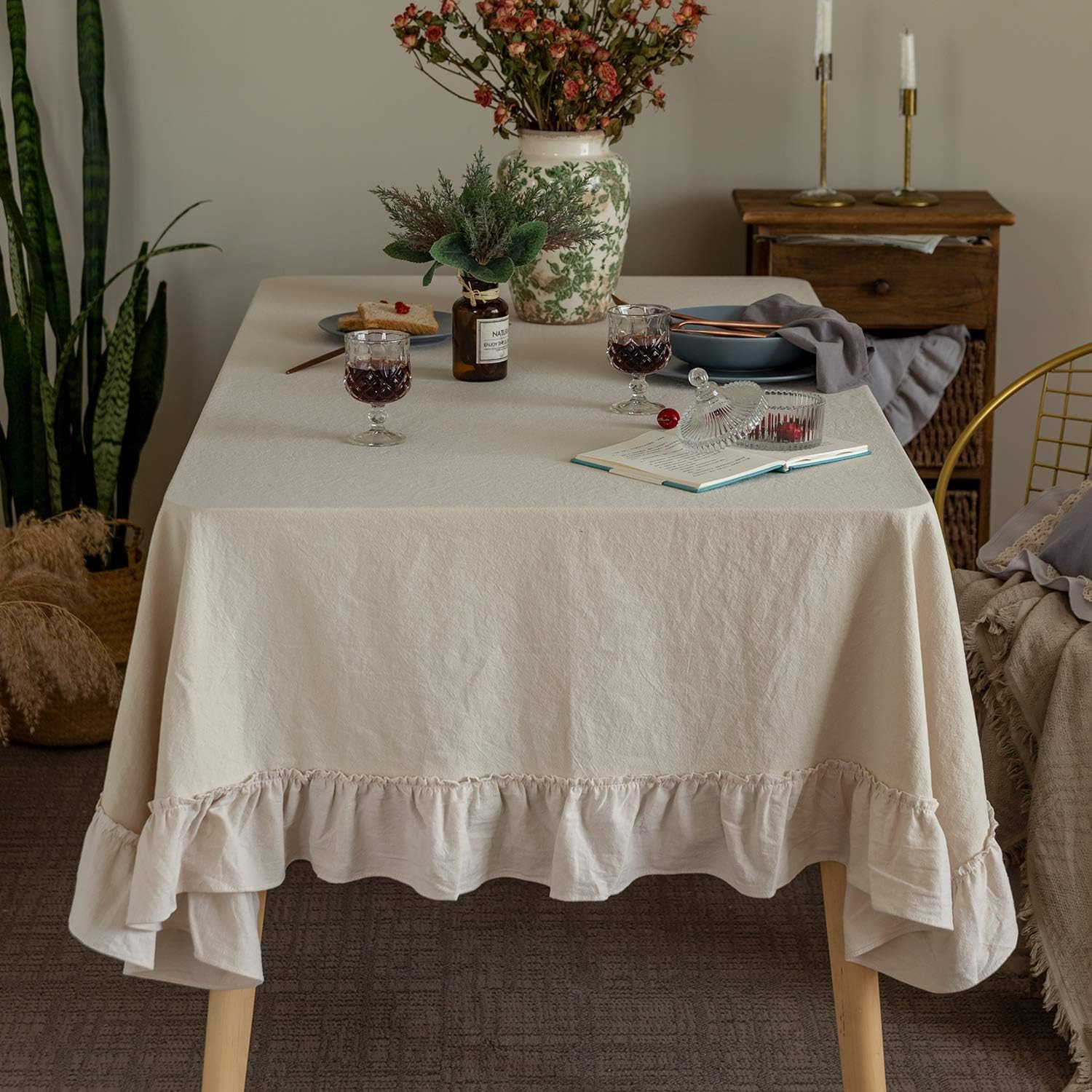 Tablecloth Cotton Flounces Trim Washable Table Cover Tablecloths for Rectangle Table Baby Shower Kitchen Party Wedding Decor Off-White, 60''x120''
