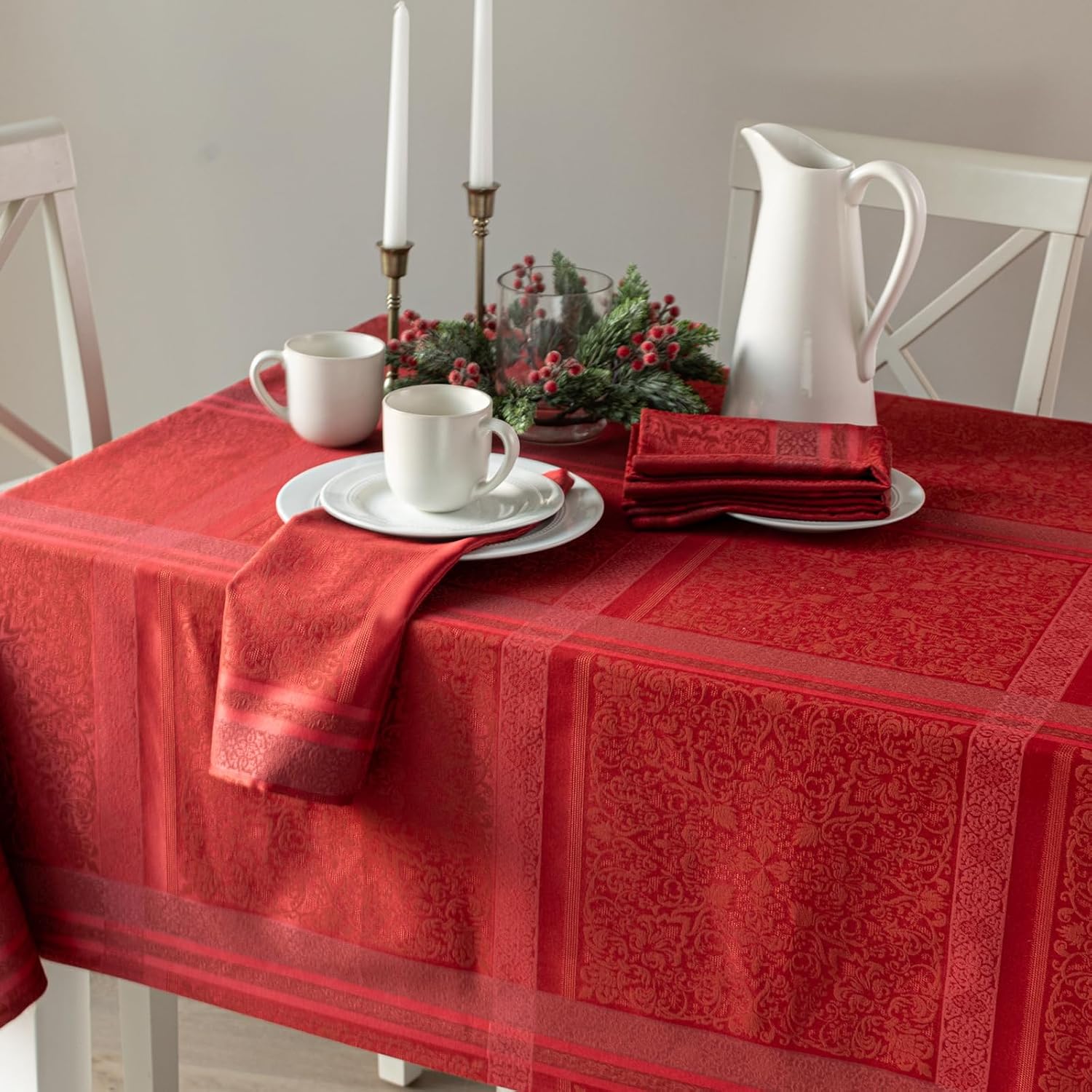 Ravenna Yarn Dyed Jacquard Fabric Table Cloth, Everyday, Parties, Weddings and Holiday Tablecloth (60" x 84" Rectangular, Red)
