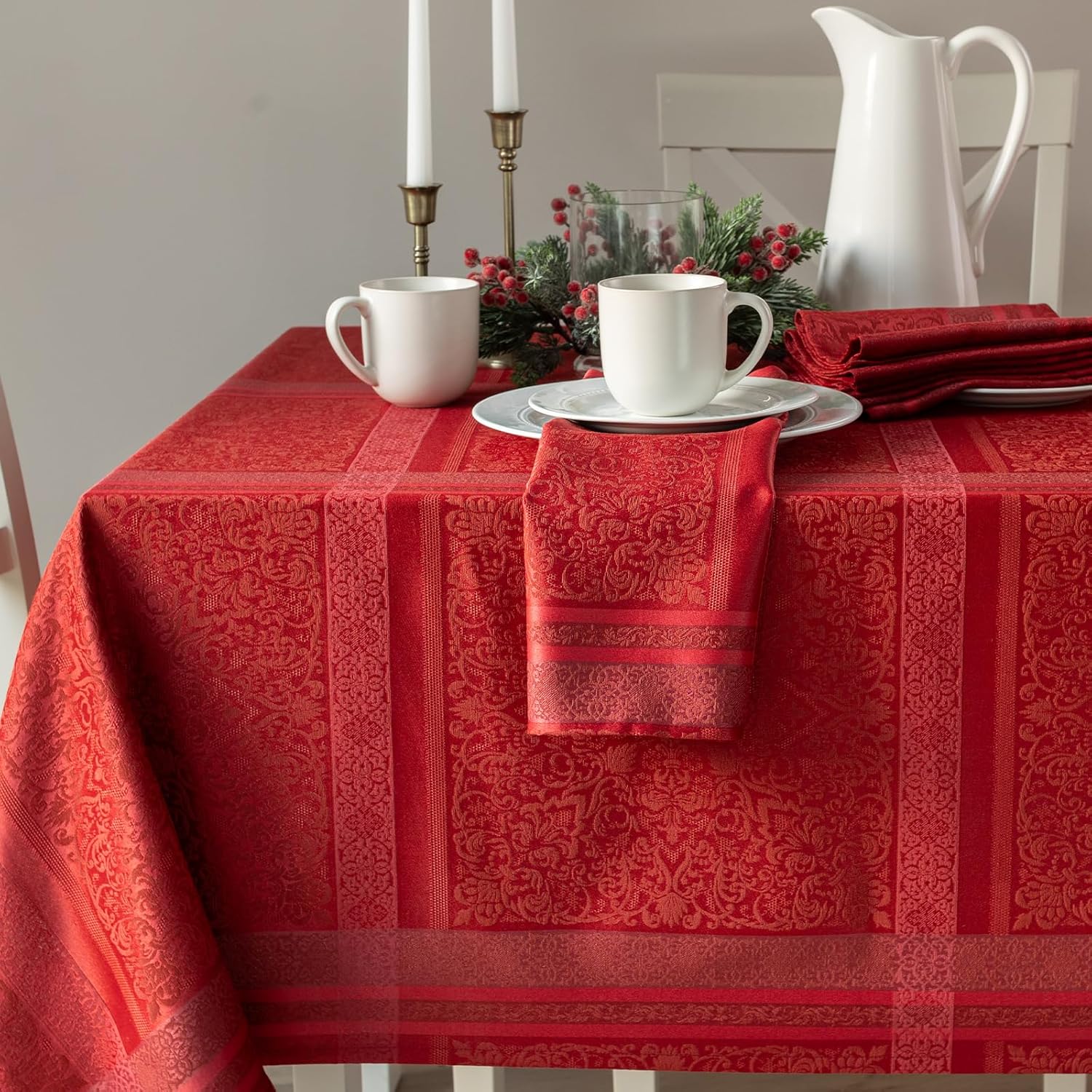 Ravenna Yarn Dyed Jacquard Fabric Table Cloth, Everyday, Parties, Weddings and Holiday Tablecloth (60" x 84" Rectangular, Red)