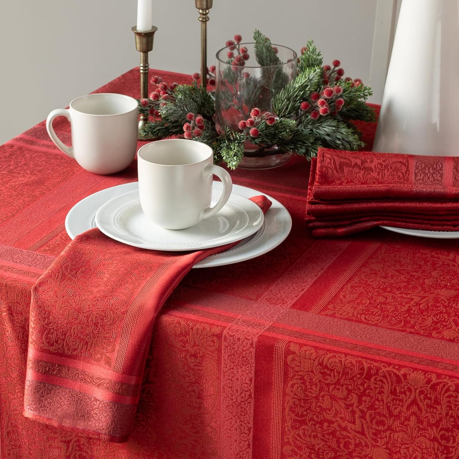 Ravenna Yarn Dyed Jacquard Fabric Table Cloth, Everyday, Parties, Weddings and Holiday Tablecloth (60" x 84" Rectangular, Red)