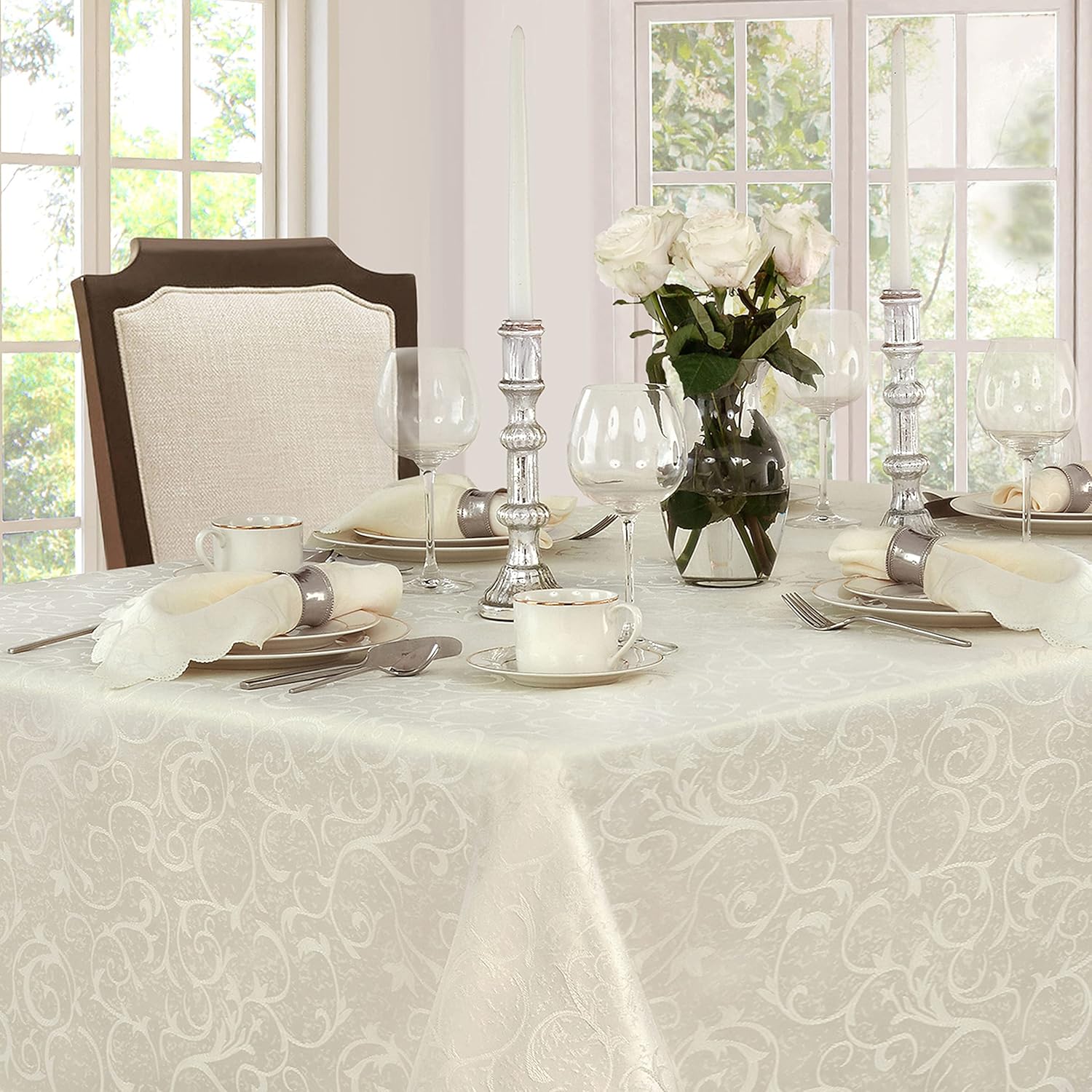 Scalloped Damask Fabric Tablecloth, Wrinkle and Stain Resistant Fine Dining and Holiday Tablecloth, 60 Inch x 84 Inch Oblong/Rectangle, Ivory
