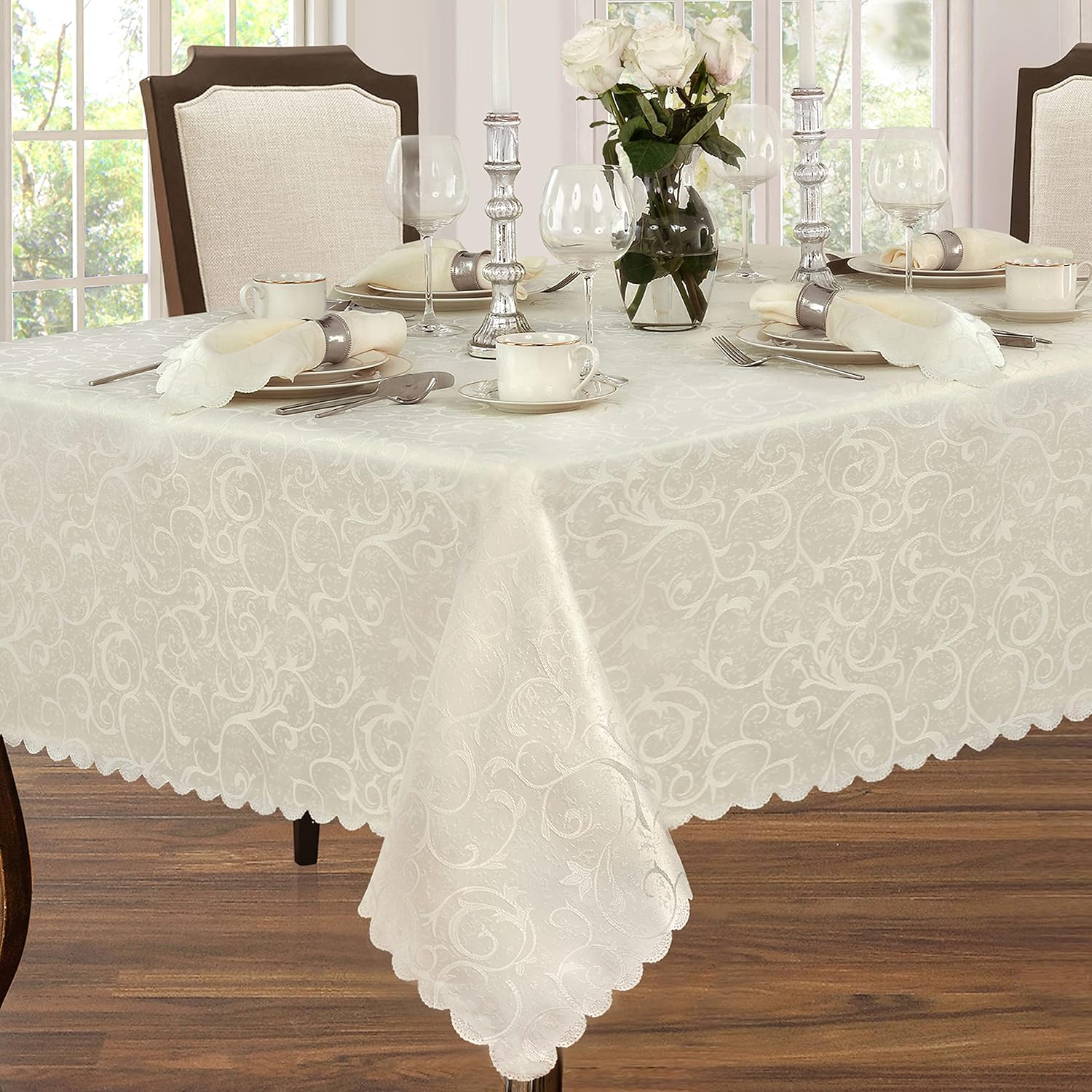 Scalloped Damask Fabric Tablecloth, Wrinkle and Stain Resistant Fine Dining and Holiday Tablecloth, 60 Inch x 84 Inch Oblong/Rectangle, Ivory