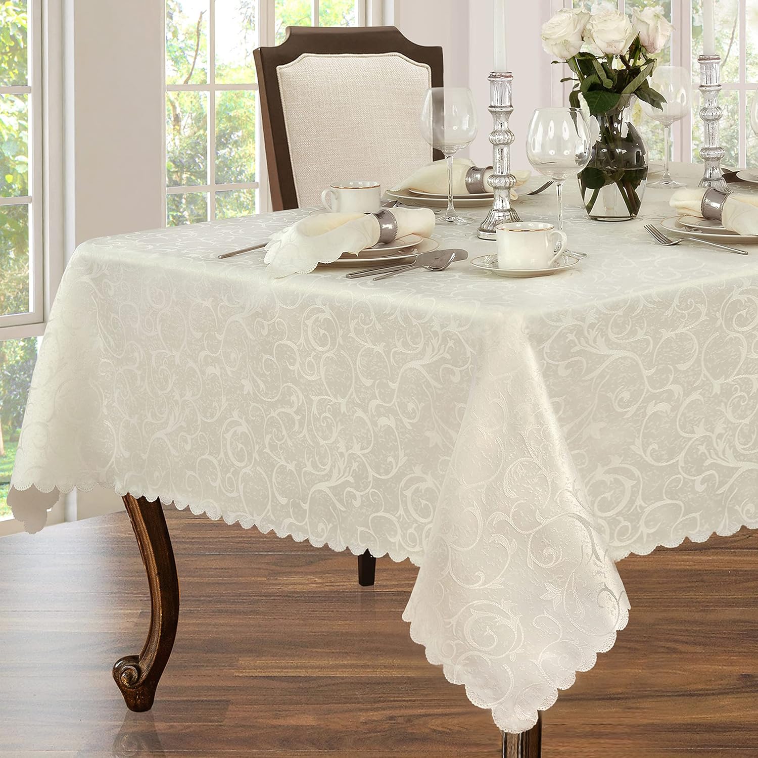 Scalloped Damask Fabric Tablecloth, Wrinkle and Stain Resistant Fine Dining and Holiday Tablecloth, 60 Inch x 84 Inch Oblong/Rectangle, Ivory