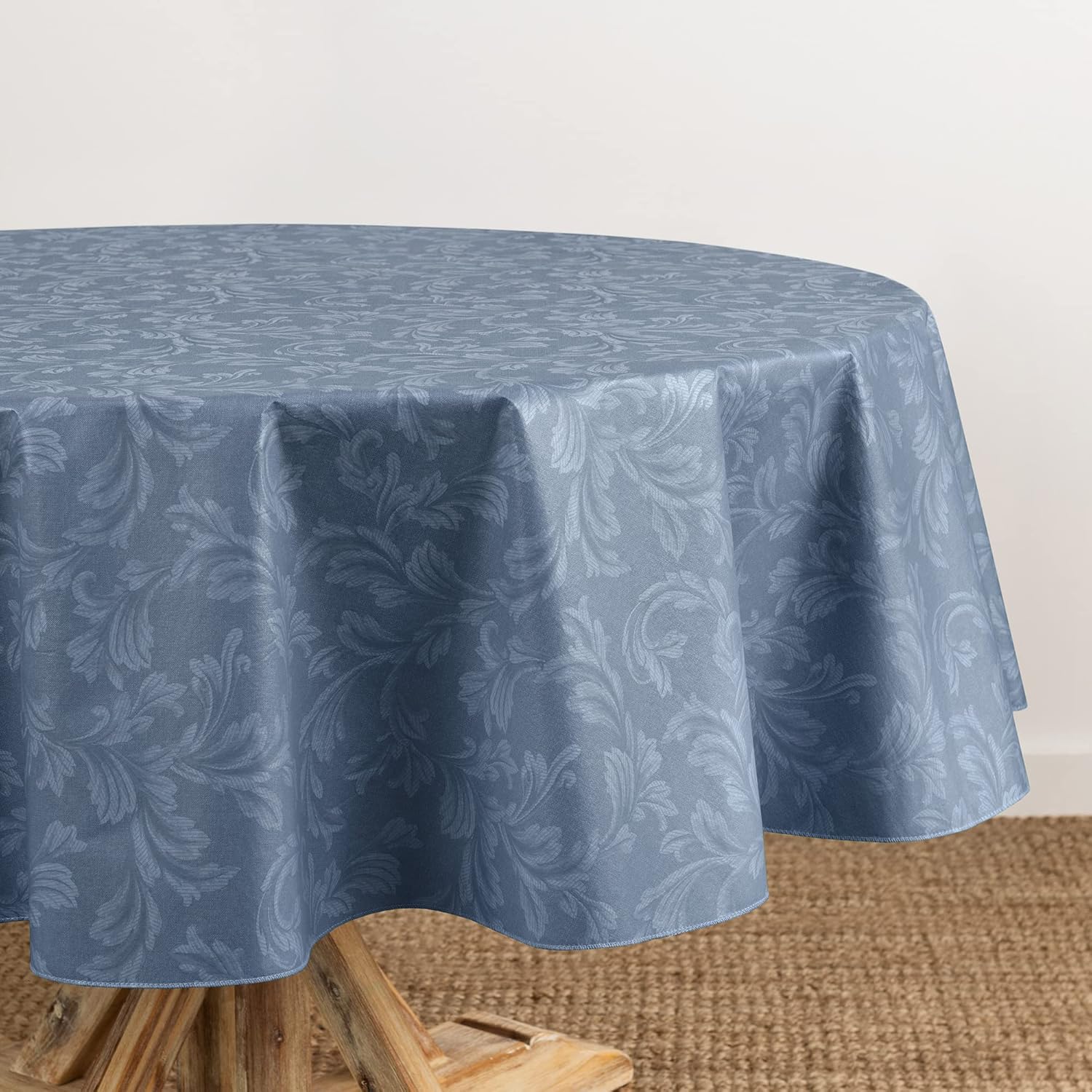 Home Fashions Camile Floral Damask-Scroll Water- and Stain-Resistant Vinyl Tablecloth with Flannel Backing, 60 Inches X 84 Inches, Oval, Blue
