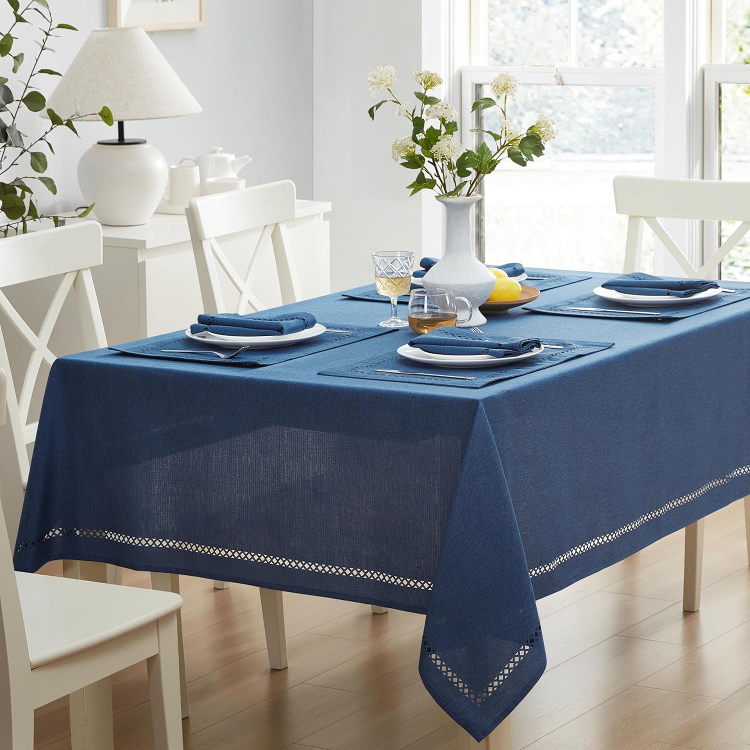 Fabric Rectangle Tablecloth, 60 x 102 Inch, Holiday Provence Lattice Cutwork Solid Color Textured, Water and Stain Resistant Easy Care Fabric Table Cloth for Parties and Buffets, Denim Blue