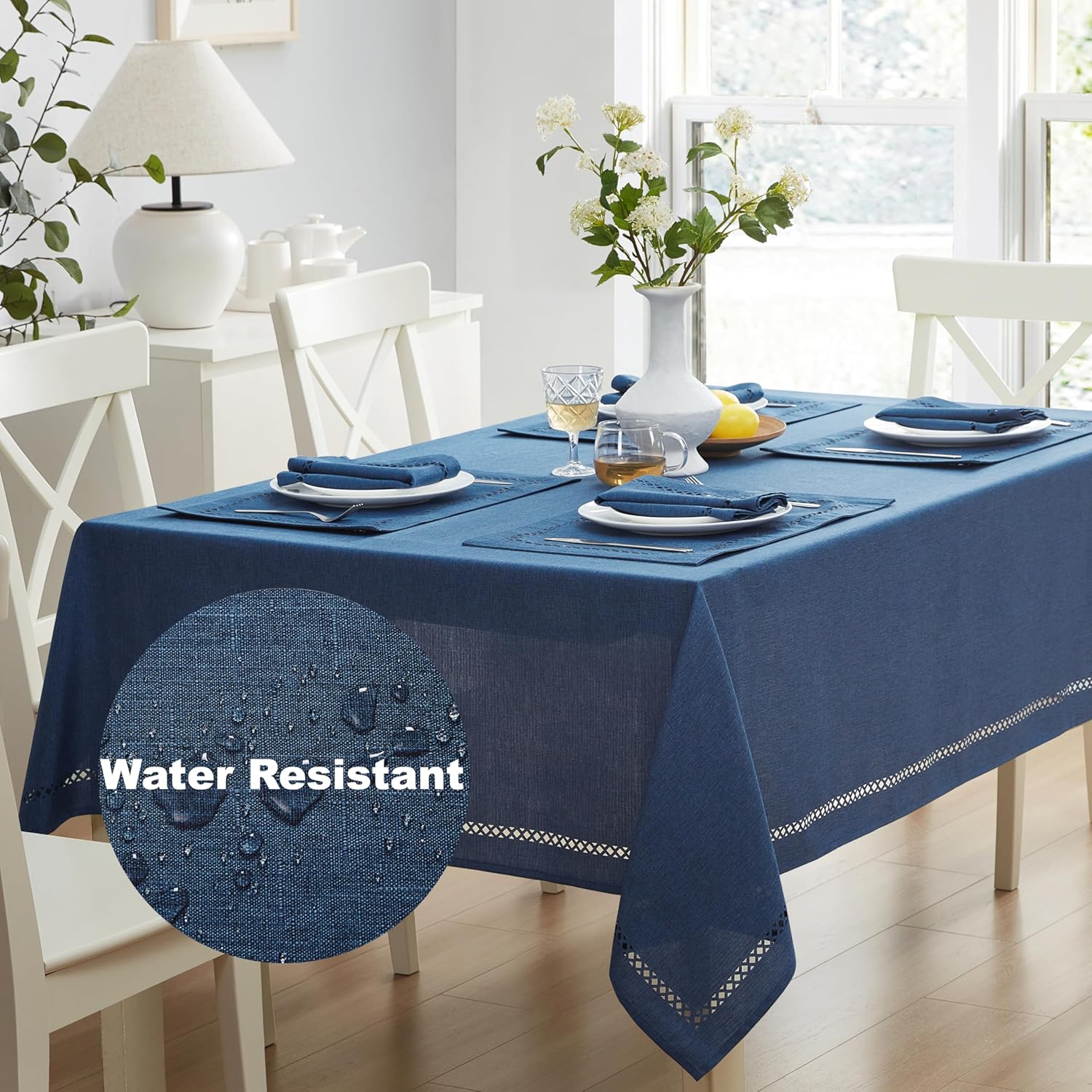 Fabric Rectangle Tablecloth, 60 x 102 Inch, Holiday Provence Lattice Cutwork Solid Color Textured, Water and Stain Resistant Easy Care Fabric Table Cloth for Parties and Buffets, Denim Blue