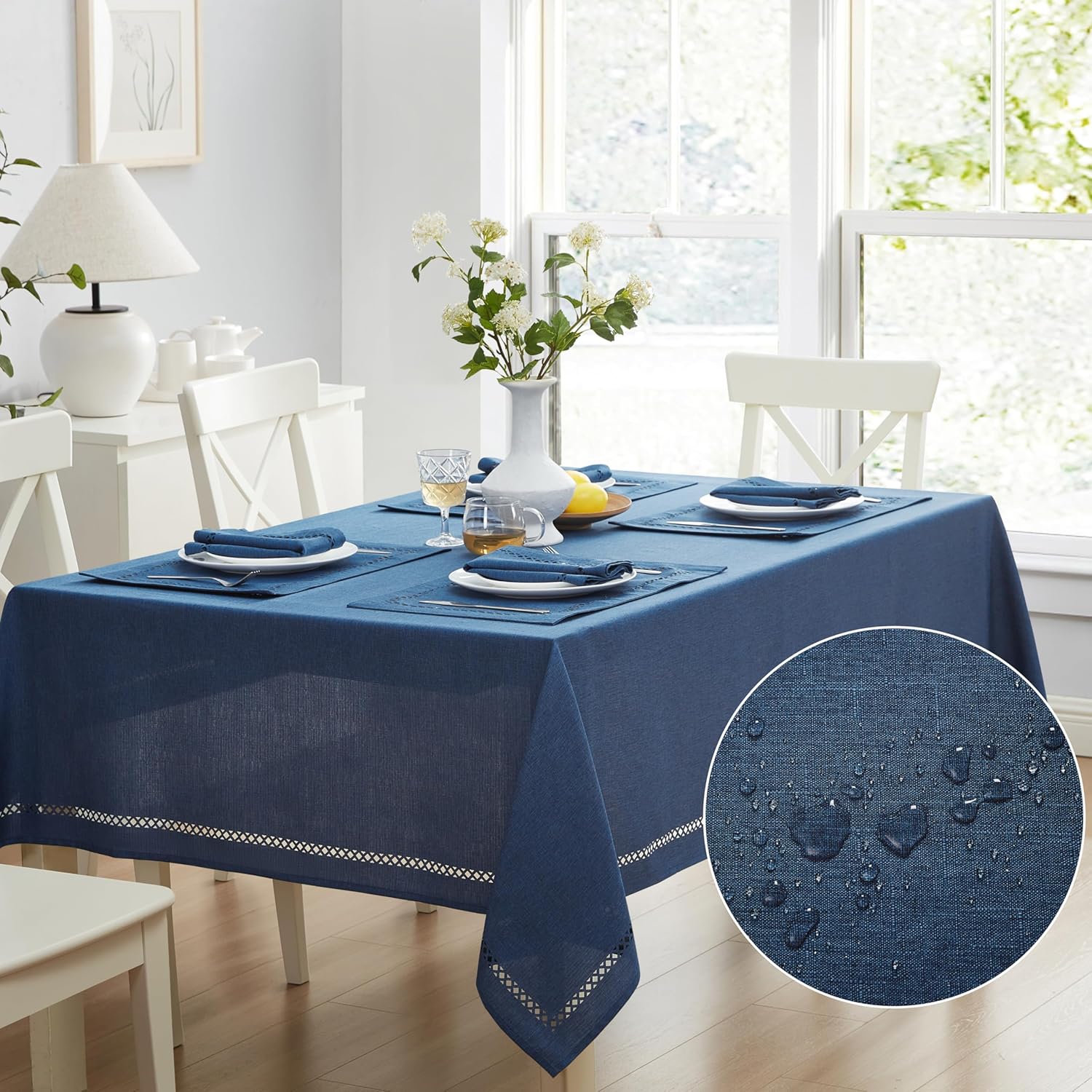 Fabric Rectangle Tablecloth, 60 x 102 Inch, Holiday Provence Lattice Cutwork Solid Color Textured, Water and Stain Resistant Easy Care Fabric Table Cloth for Parties and Buffets, Denim Blue