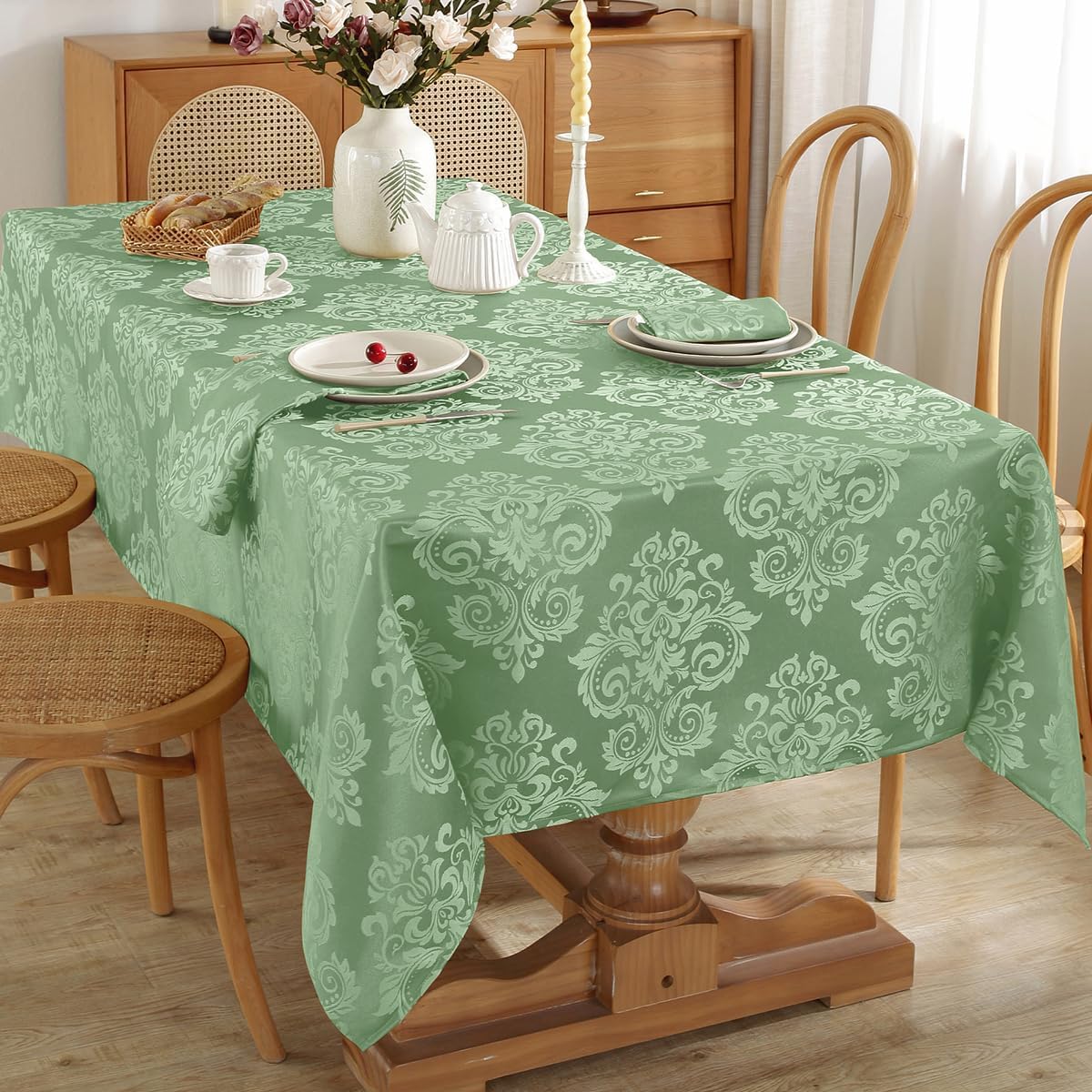 Rectangle Tablecloth 60 x 102 Inch Fancy Floral Jacquard Damask Waterproof Oil Proof Table Cloths, Heavy Weight Fabric Table Cover for Party, Indoor, Outdoor, Sage Green
