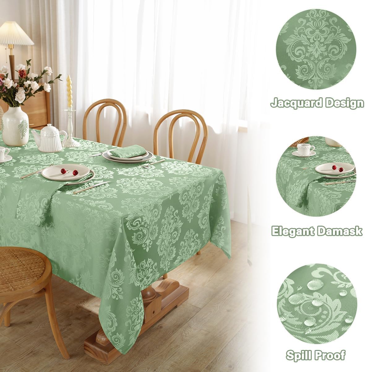 Rectangle Tablecloth 60 x 102 Inch Fancy Floral Jacquard Damask Waterproof Oil Proof Table Cloths, Heavy Weight Fabric Table Cover for Party, Indoor, Outdoor, Sage Green