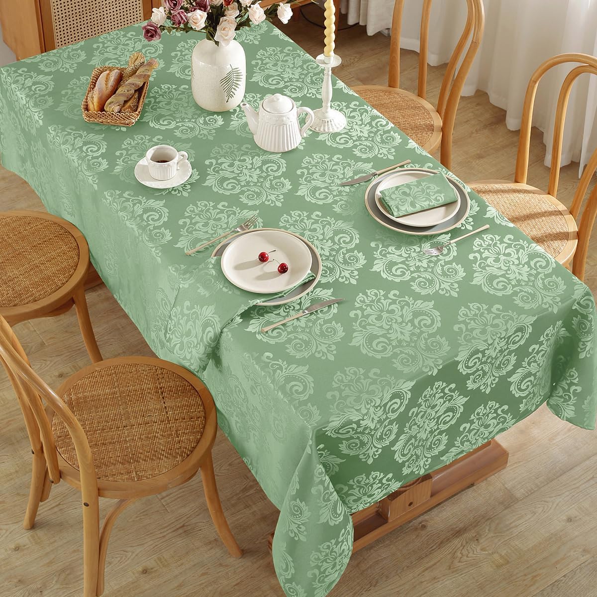 Rectangle Tablecloth 60 x 102 Inch Fancy Floral Jacquard Damask Waterproof Oil Proof Table Cloths, Heavy Weight Fabric Table Cover for Party, Indoor, Outdoor, Sage Green