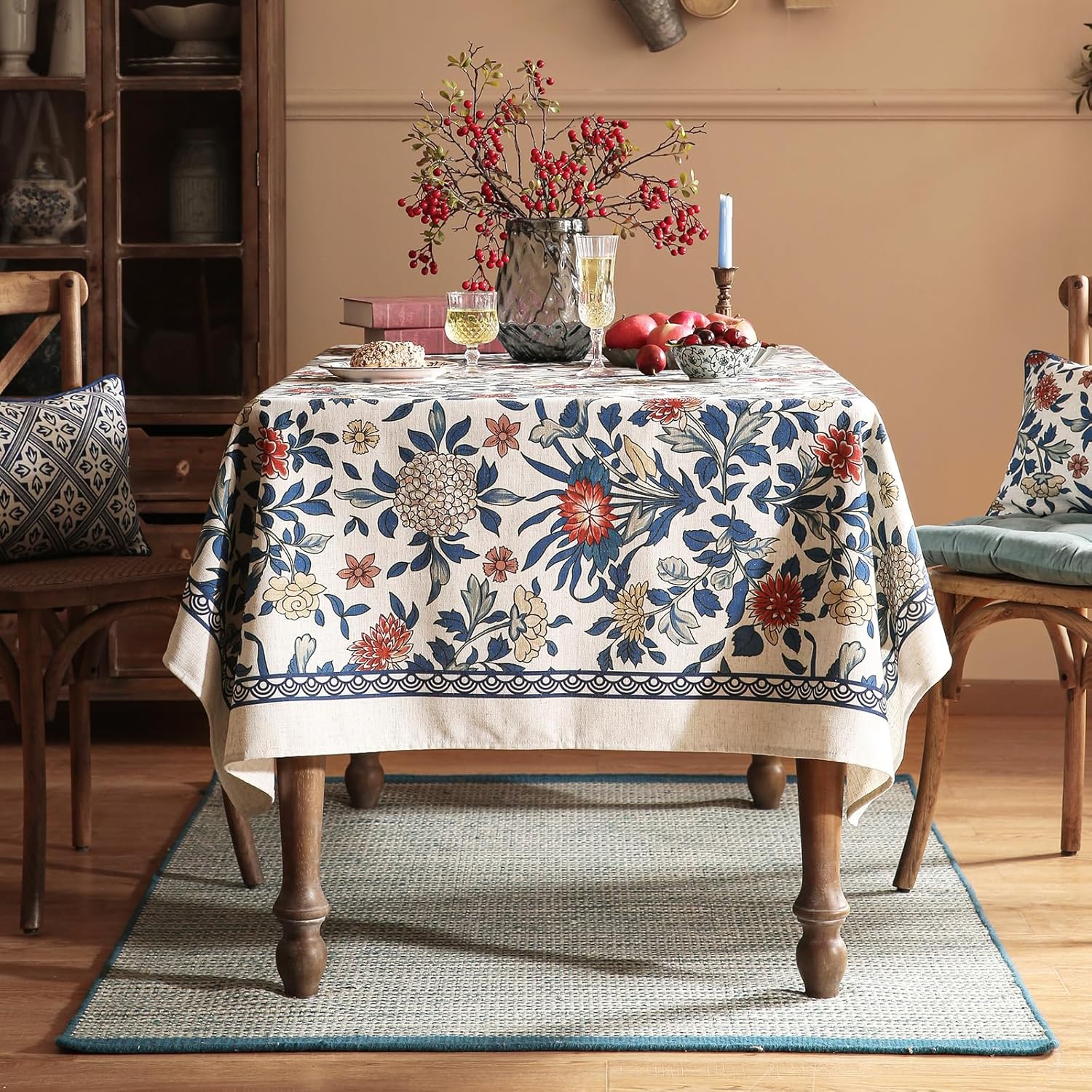 Small Blue Tablecloth for Square Tables,Vintage Linen with Leaves and Flowers Pattern Tablecloths,Farmhouse Floral Table Cover Cloth Decor for Kitchen Dining Christmas,55"*55"
