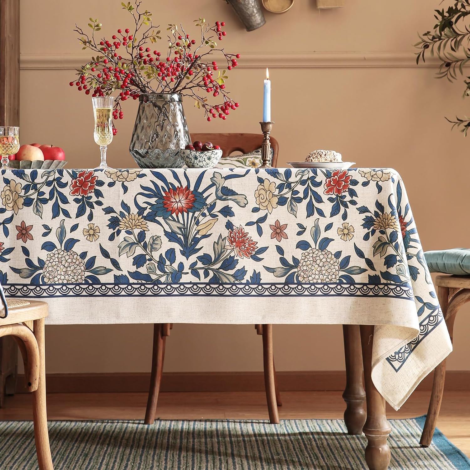 Small Blue Tablecloth for Square Tables,Vintage Linen with Leaves and Flowers Pattern Tablecloths,Farmhouse Floral Table Cover Cloth Decor for Kitchen Dining Christmas,55"*55"