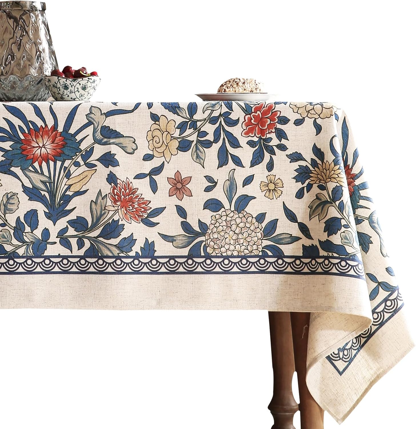 Small Blue Tablecloth for Square Tables,Vintage Linen with Leaves and Flowers Pattern Tablecloths,Farmhouse Floral Table Cover Cloth Decor for Kitchen Dining Christmas,55"*55"