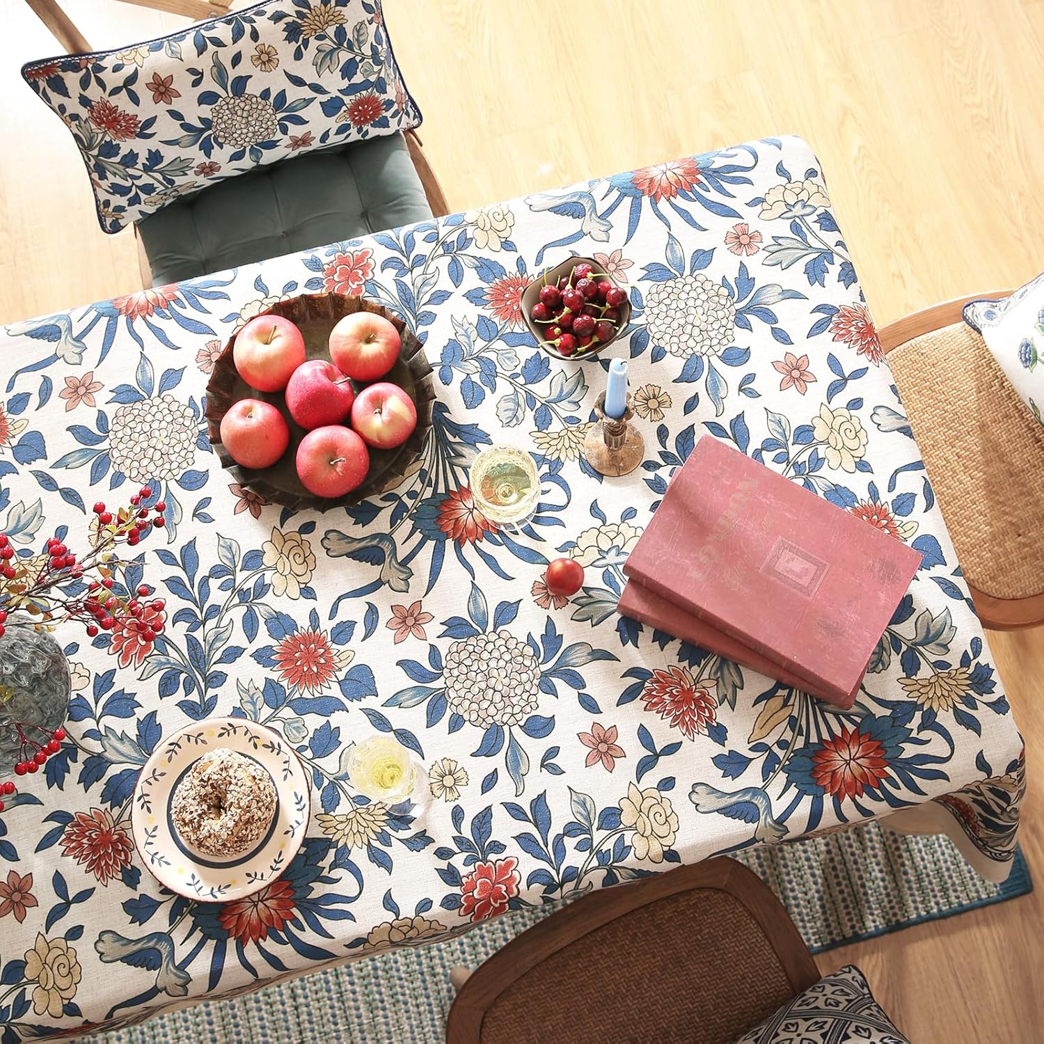 Small Blue Tablecloth for Square Tables,Vintage Linen with Leaves and Flowers Pattern Tablecloths,Farmhouse Floral Table Cover Cloth Decor for Kitchen Dining Christmas,55"*55"
