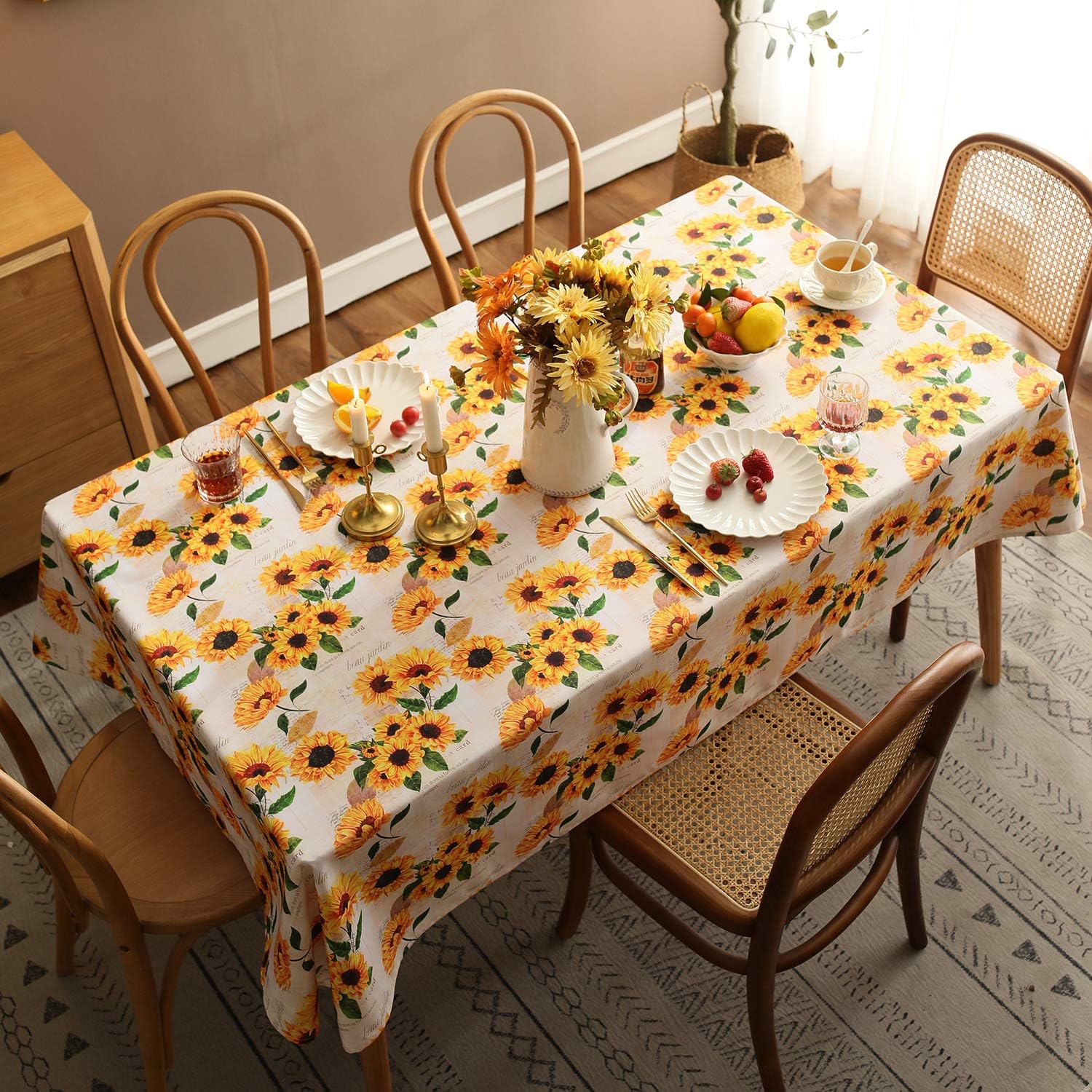 Sunflower Tablecloth,Orange Floral Table Cloth for Rectangle Tables,Waterproof Resistant Flower Table Cover for Kitchen Dining Room (60 X 120 INCH)