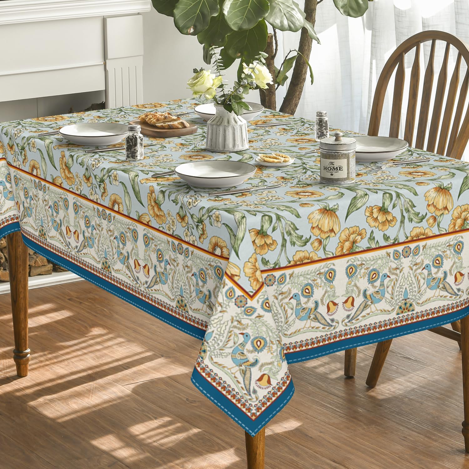 Rustic Rectangular Tablecloth 60x84 Inch, Bird Floral Vintage Washable Seasonal Table Cover for Party Picnic Dinner Decor