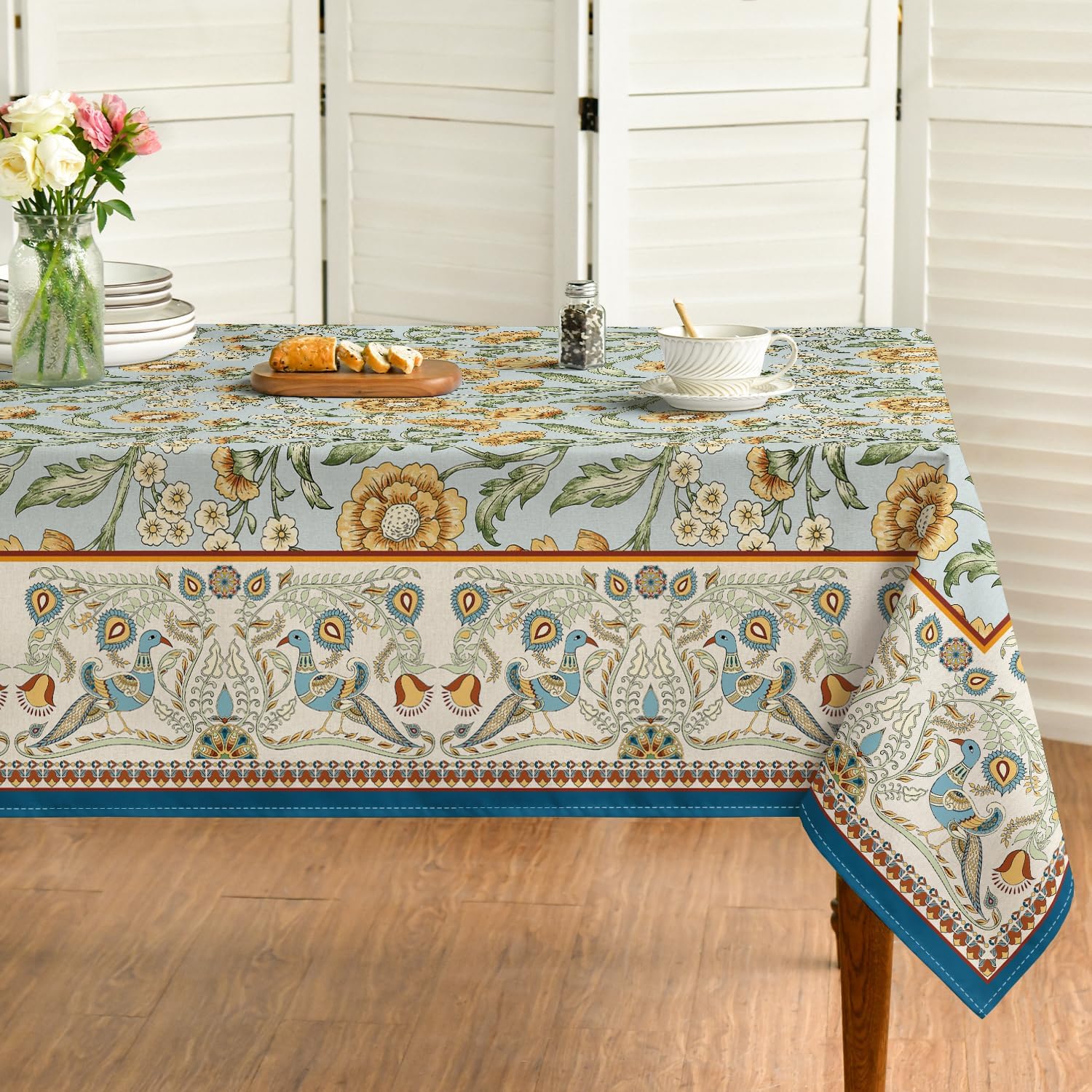 Rustic Rectangular Tablecloth 60x84 Inch, Bird Floral Vintage Washable Seasonal Table Cover for Party Picnic Dinner Decor