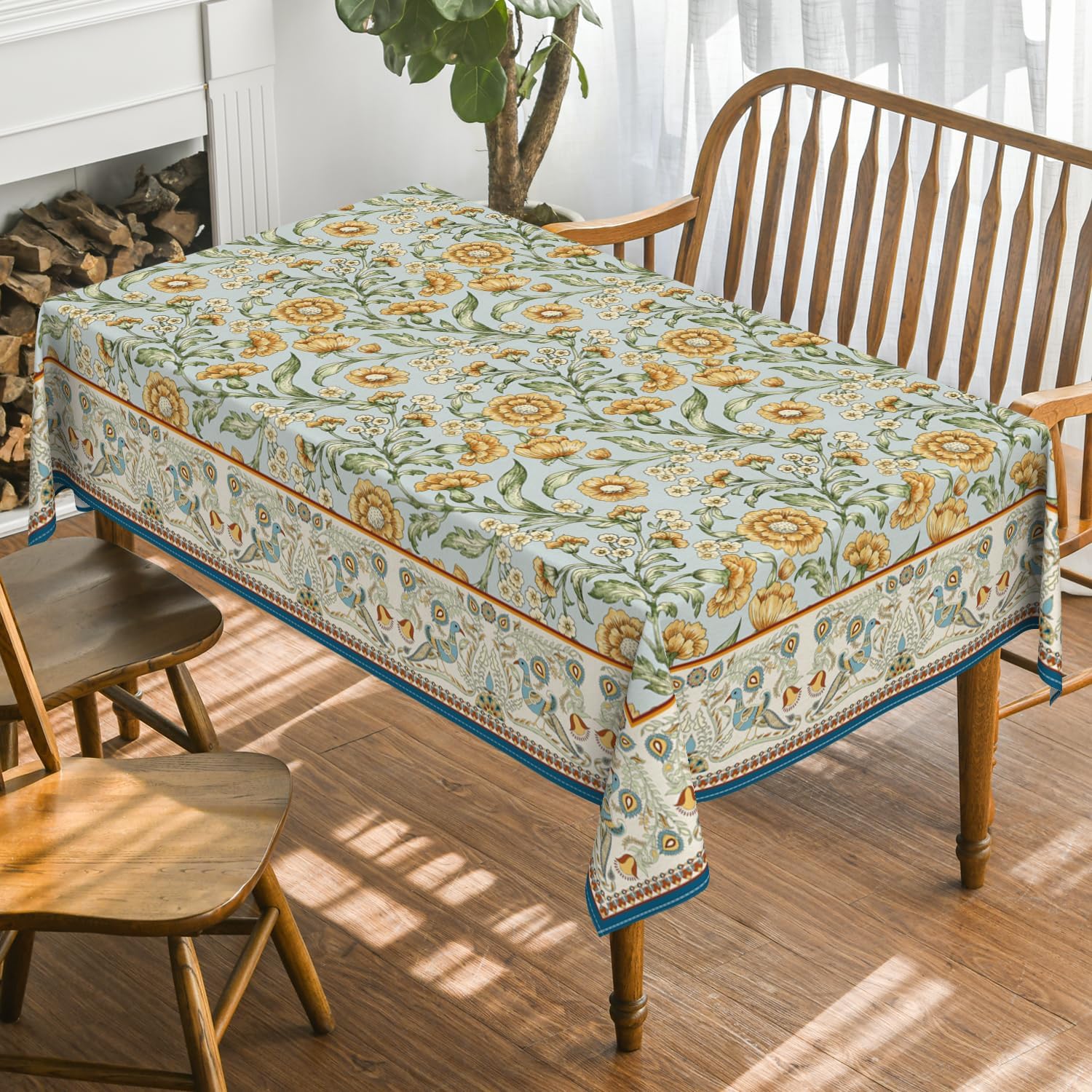 Rustic Rectangular Tablecloth 60x84 Inch, Bird Floral Vintage Washable Seasonal Table Cover for Party Picnic Dinner Decor