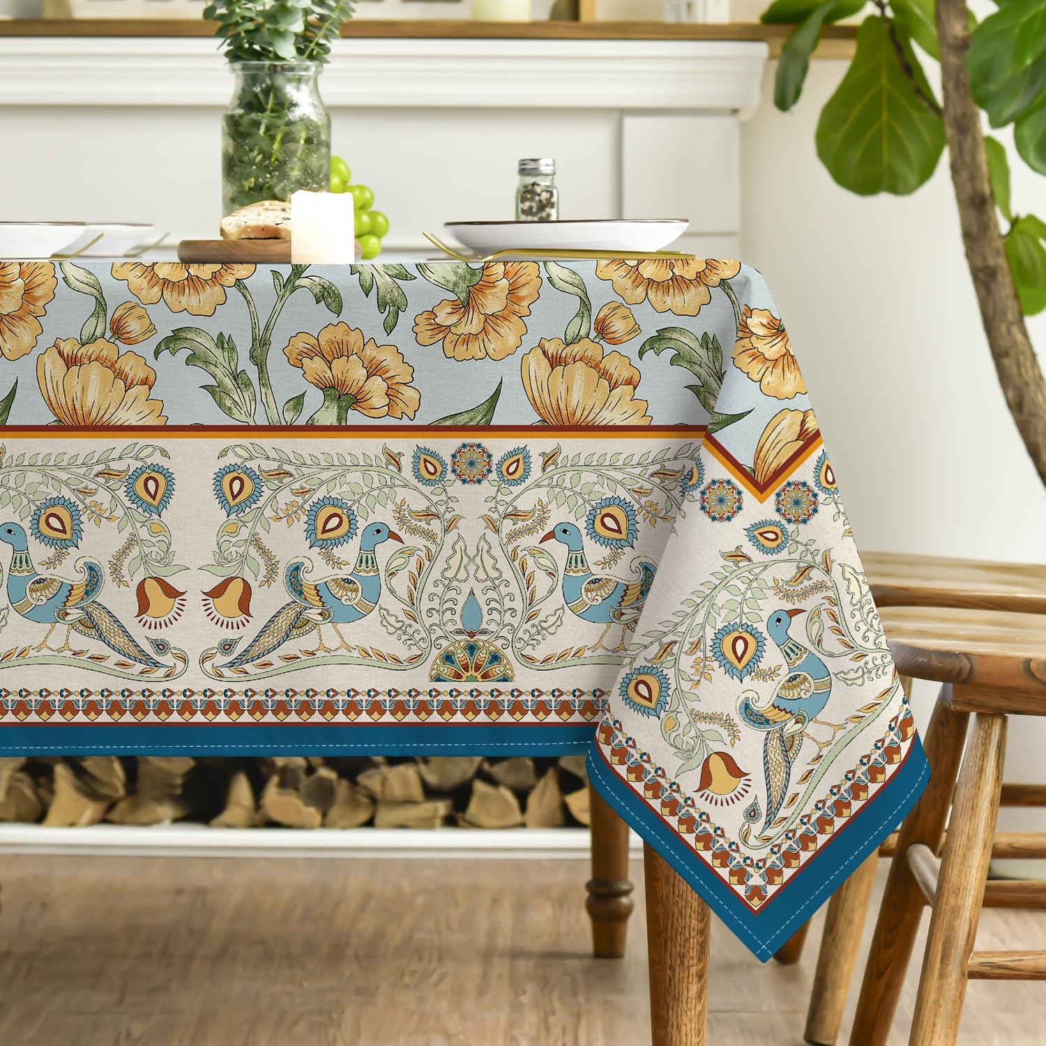 Rustic Rectangular Tablecloth 60x84 Inch, Bird Floral Vintage Washable Seasonal Table Cover for Party Picnic Dinner Decor
