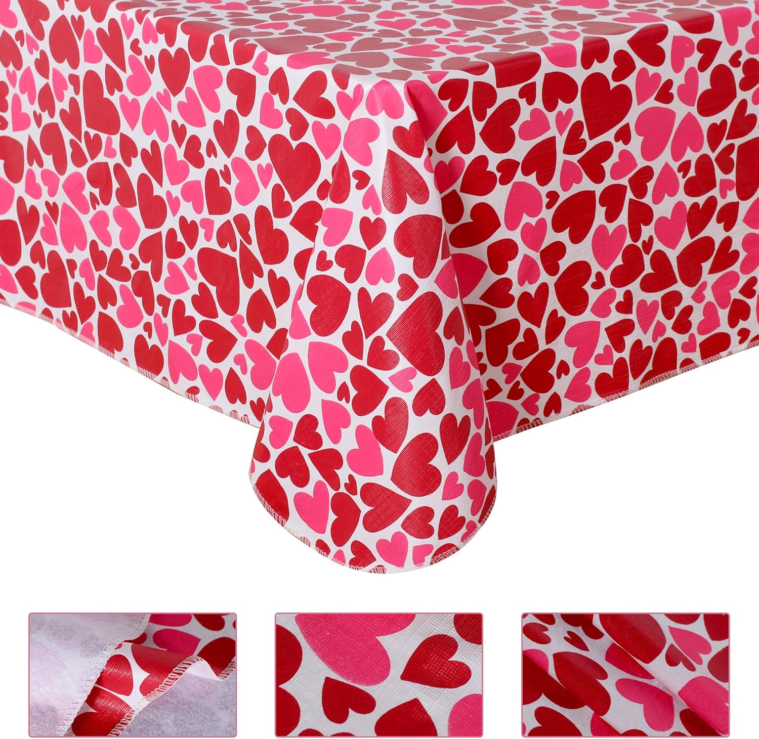 Rectangle Table Cloth for Valentine’s Day - 60x84 Inch Waterproof Red/Pink Love Heart Pattern Tablecloth Vinyl Wipe Clean Table Cover for Valentines Dinner, Kitchen, Wedding Party Table Decor