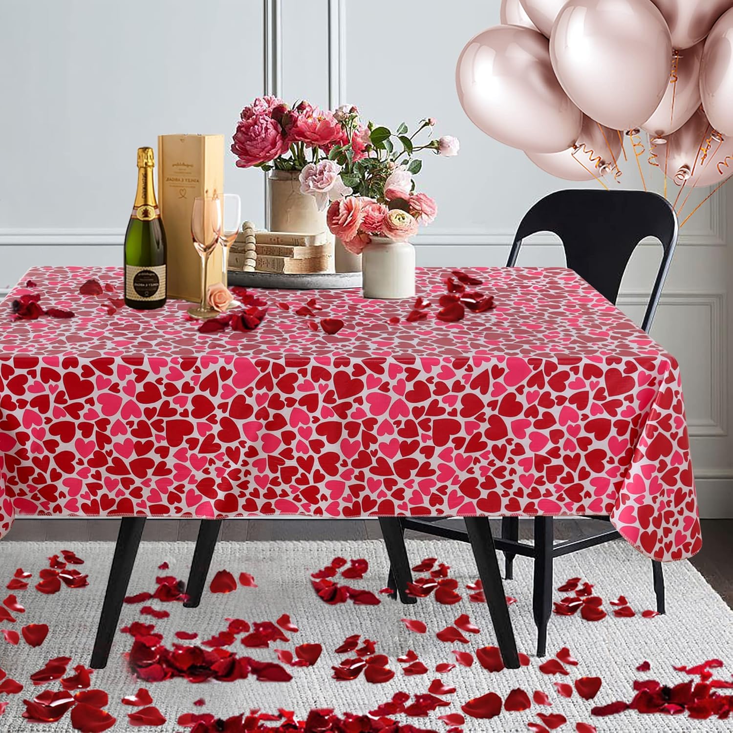 Rectangle Table Cloth for Valentine’s Day - 60x84 Inch Waterproof Red/Pink Love Heart Pattern Tablecloth Vinyl Wipe Clean Table Cover for Valentines Dinner, Kitchen, Wedding Party Table Decor